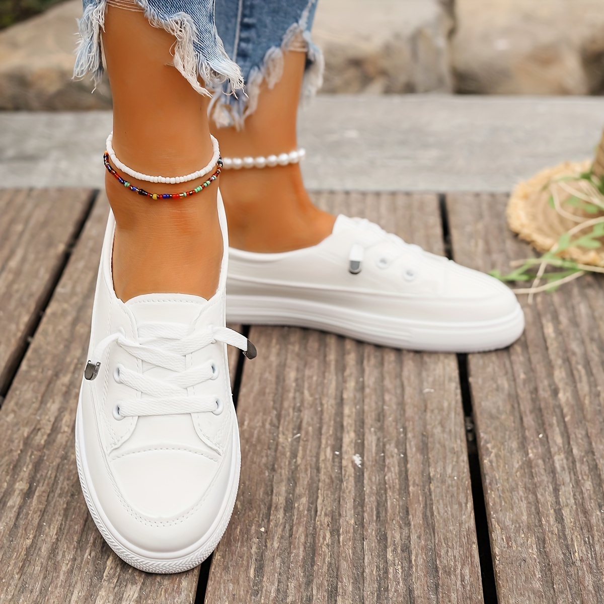white skate shoes women s casual low top slip flat shoes details 0