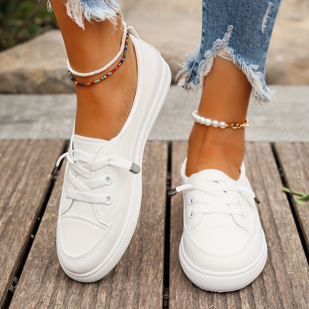 white skate shoes women s casual low top slip flat shoes details 1