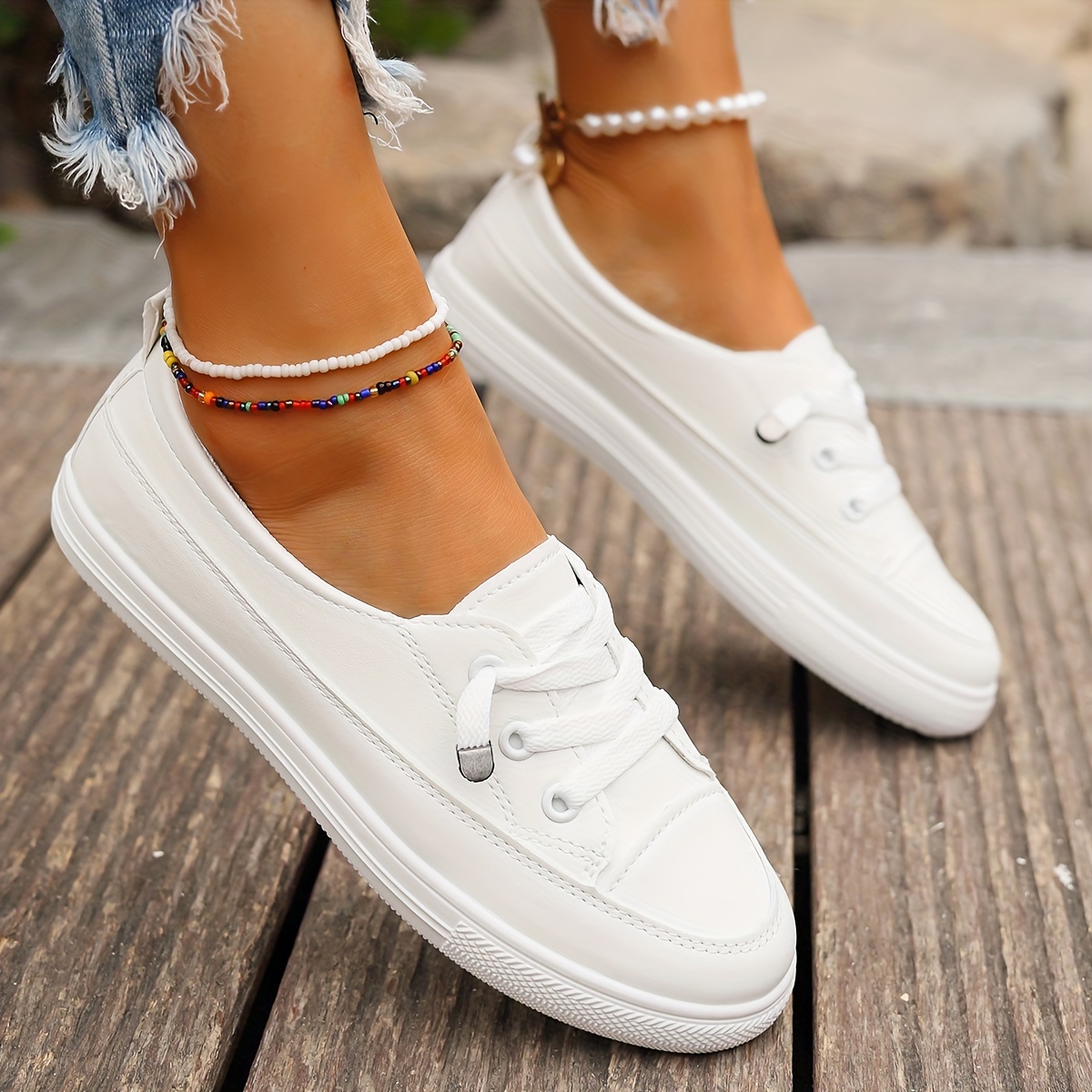 white skate shoes women s casual low top slip flat shoes details 3
