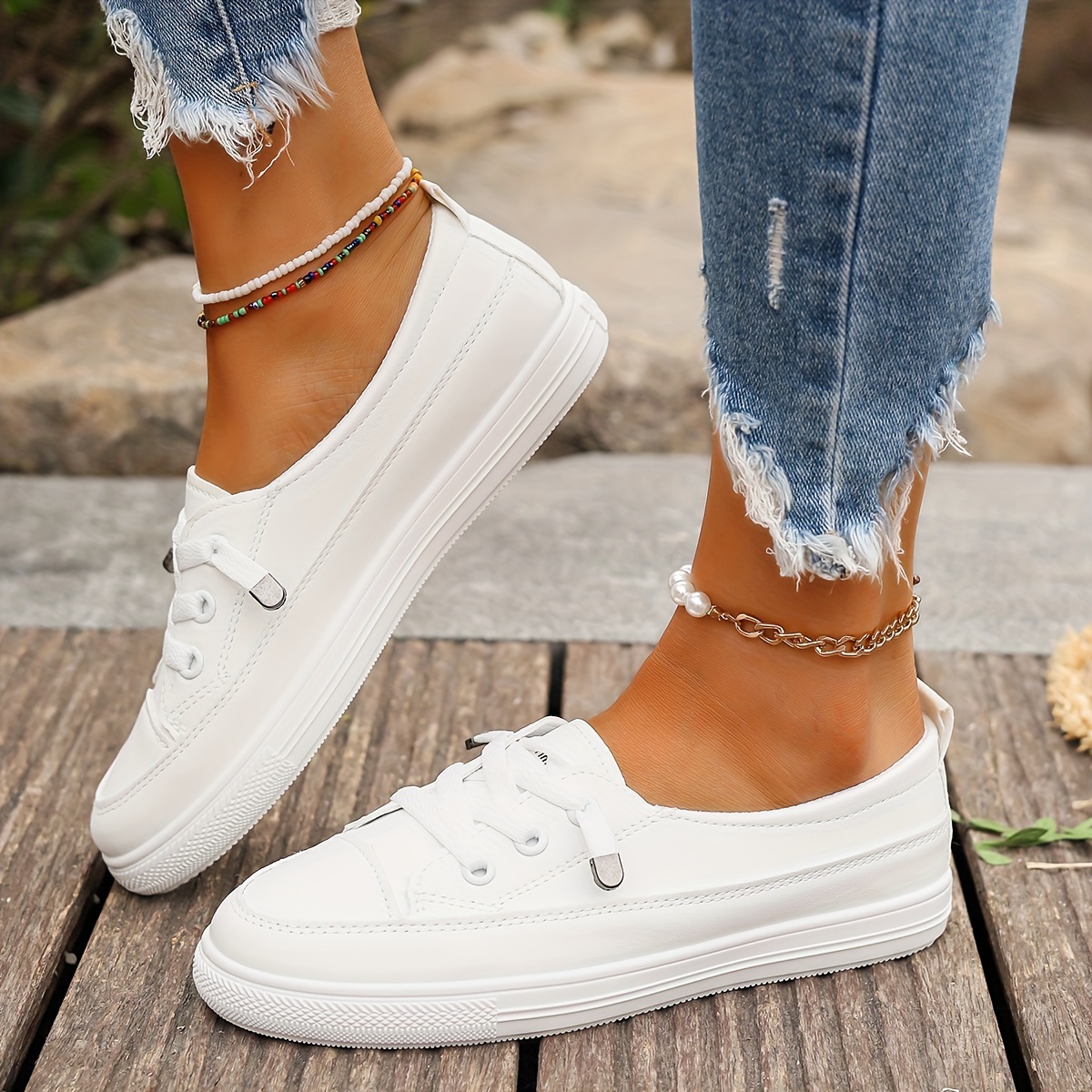 white skate shoes women s casual low top slip flat shoes details 4