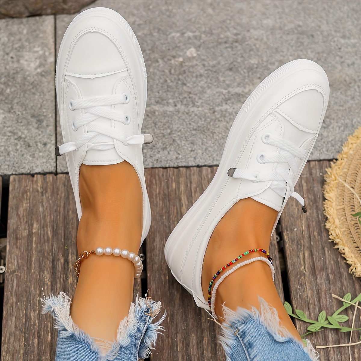 white skate shoes women s casual low top slip flat shoes details 5