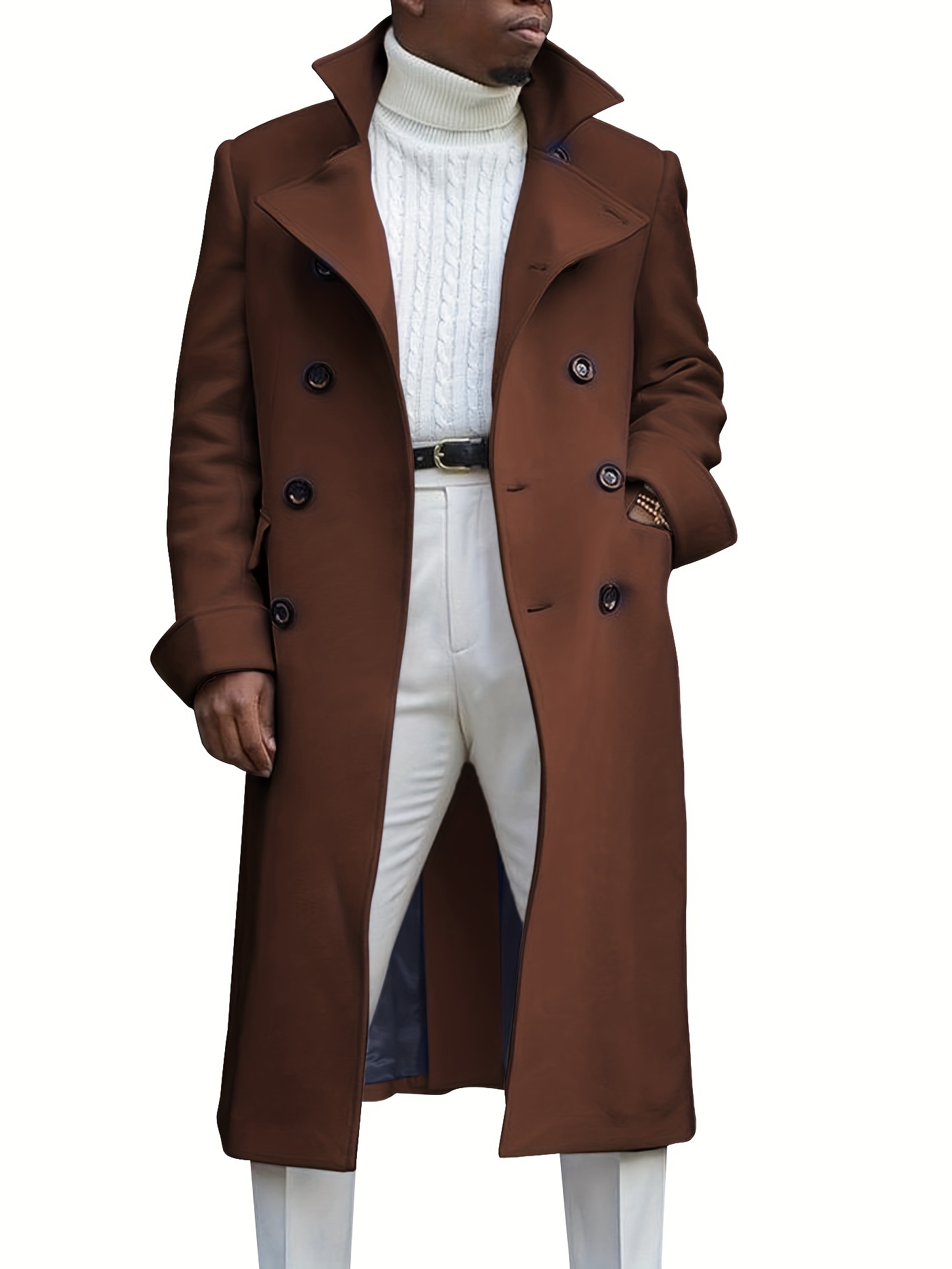 mens notch lapel double breasted long trench coat casual windproof overcoat details 2