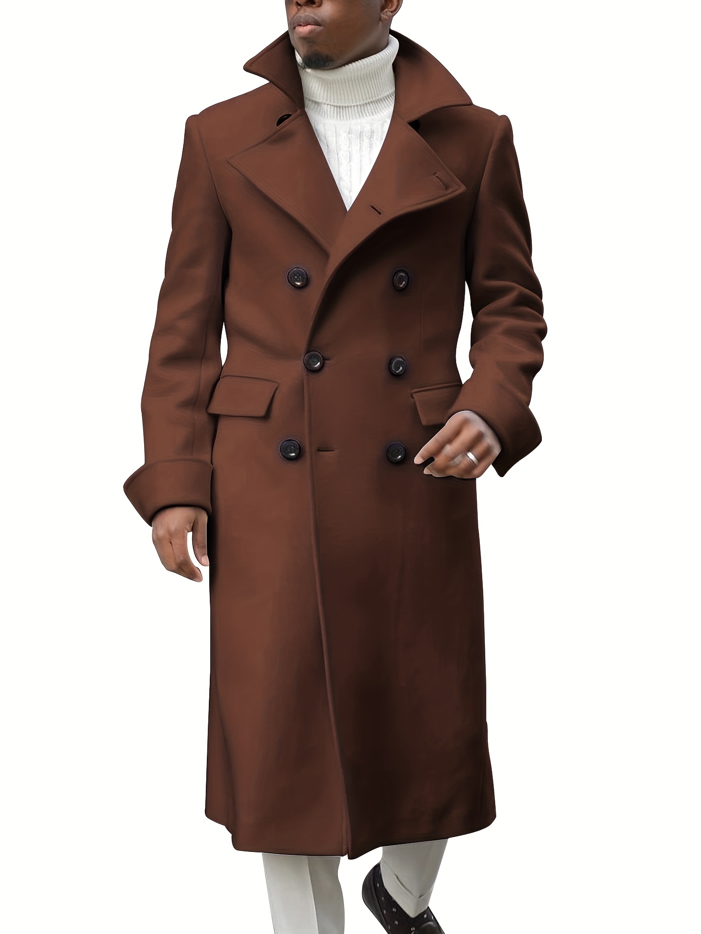 mens notch lapel double breasted long trench coat casual windproof overcoat details 3