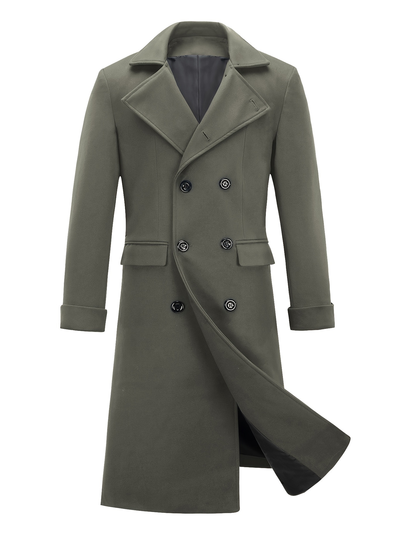 mens notch lapel double breasted long trench coat casual windproof overcoat details 5