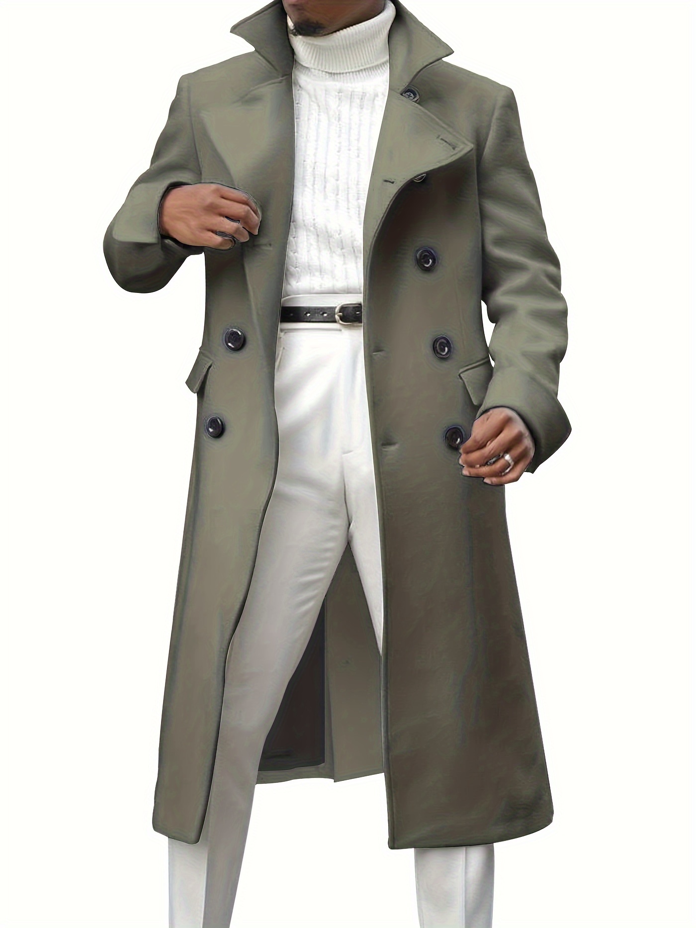 mens notch lapel double breasted long trench coat casual windproof overcoat details 7