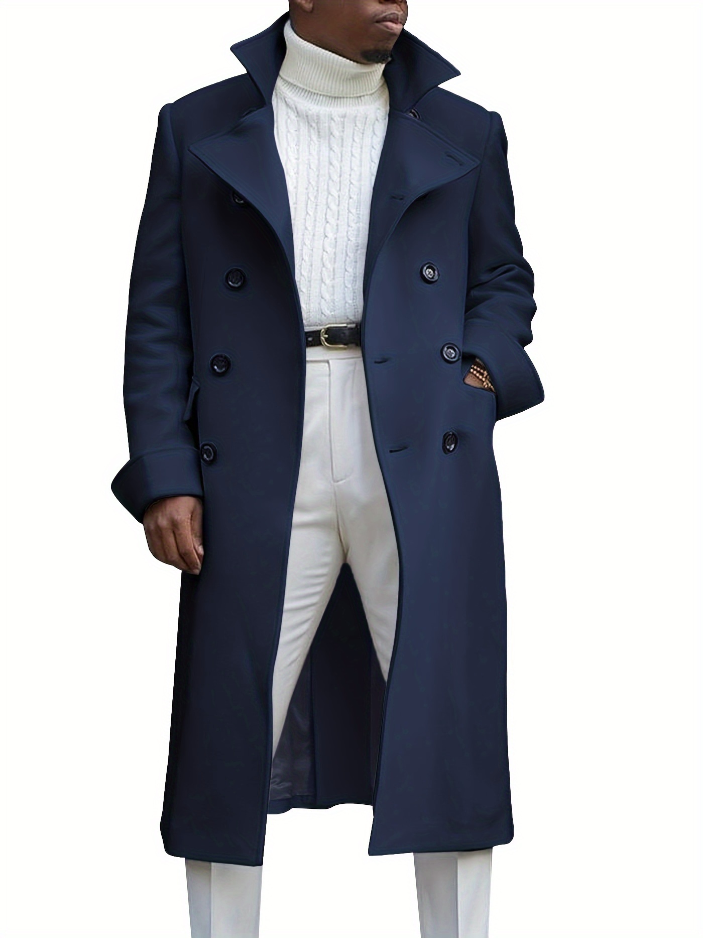 mens notch lapel double breasted long trench coat casual windproof overcoat details 12