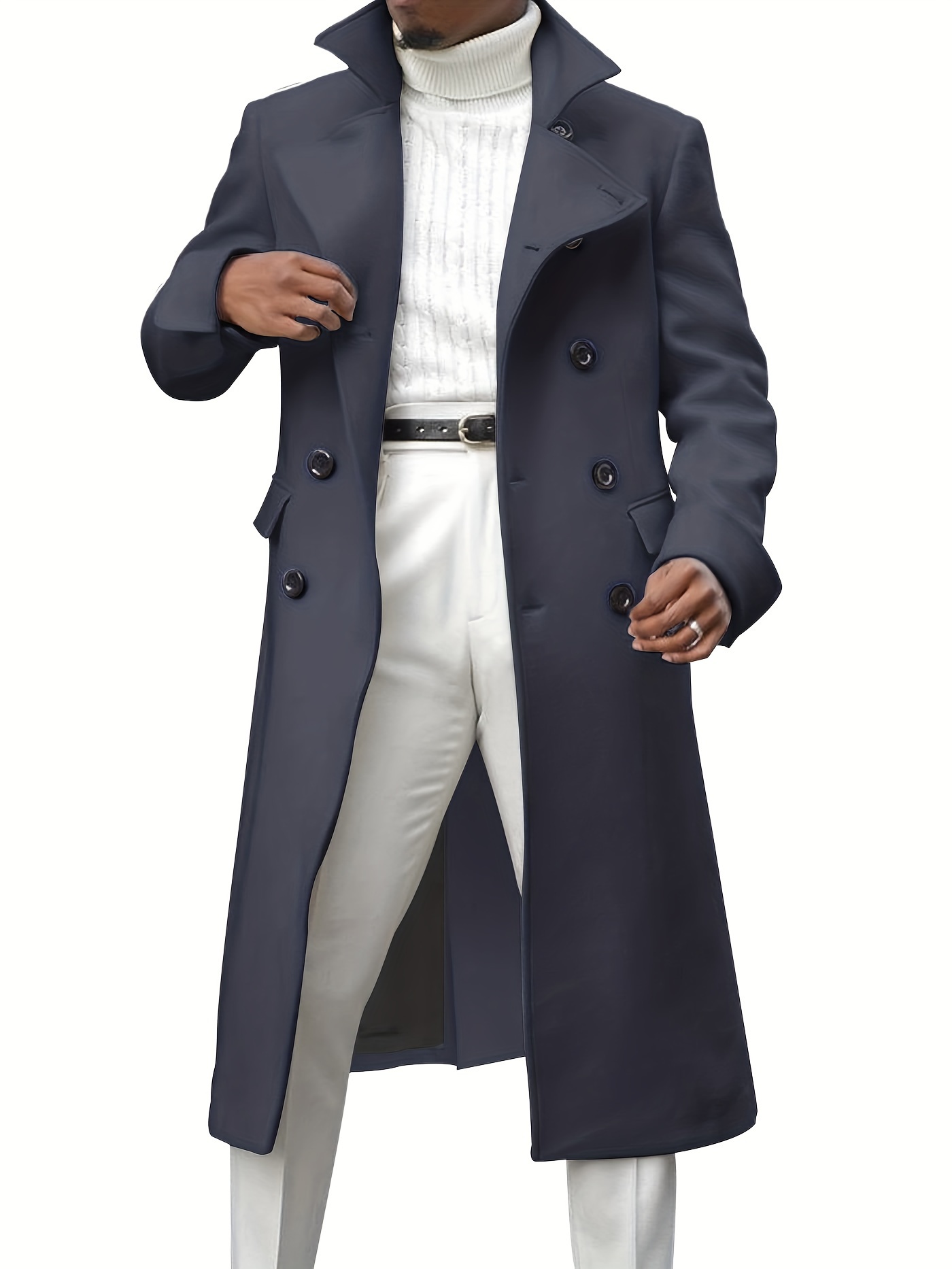 mens notch lapel double breasted long trench coat casual windproof overcoat details 17