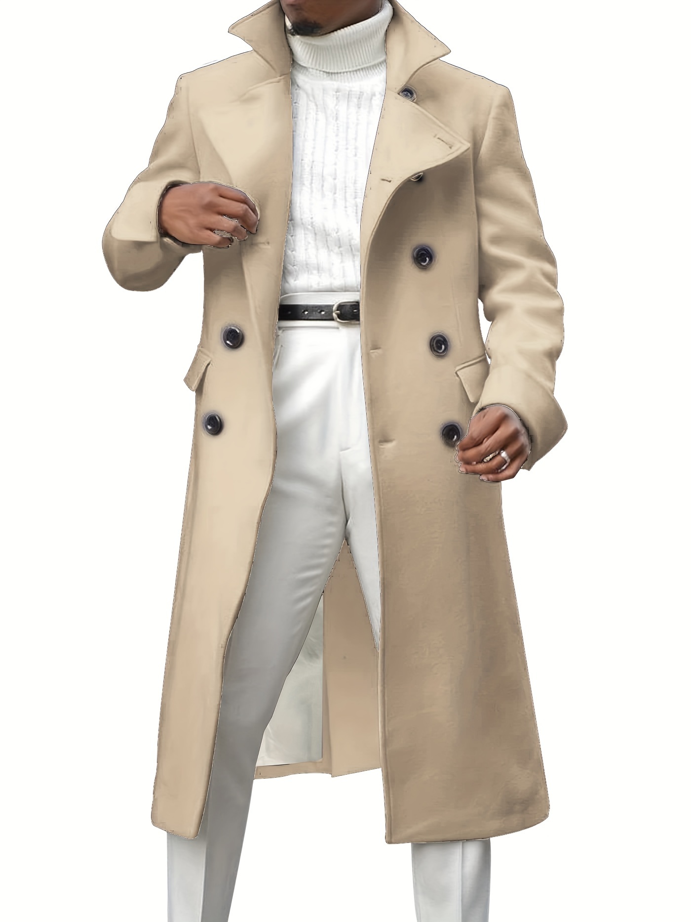 mens notch lapel double breasted long trench coat casual windproof overcoat details 22