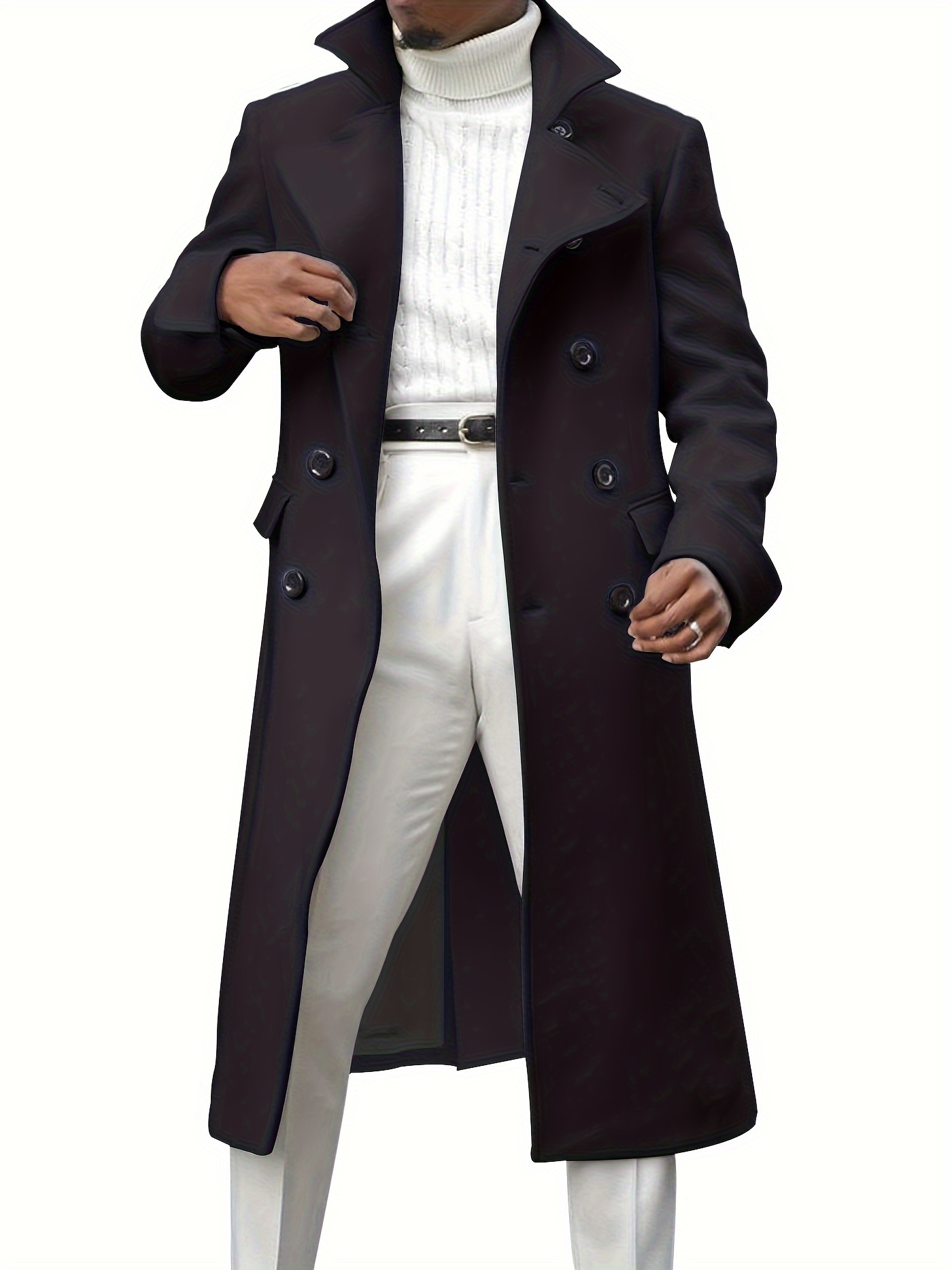 mens notch lapel double breasted long trench coat casual windproof overcoat details 27