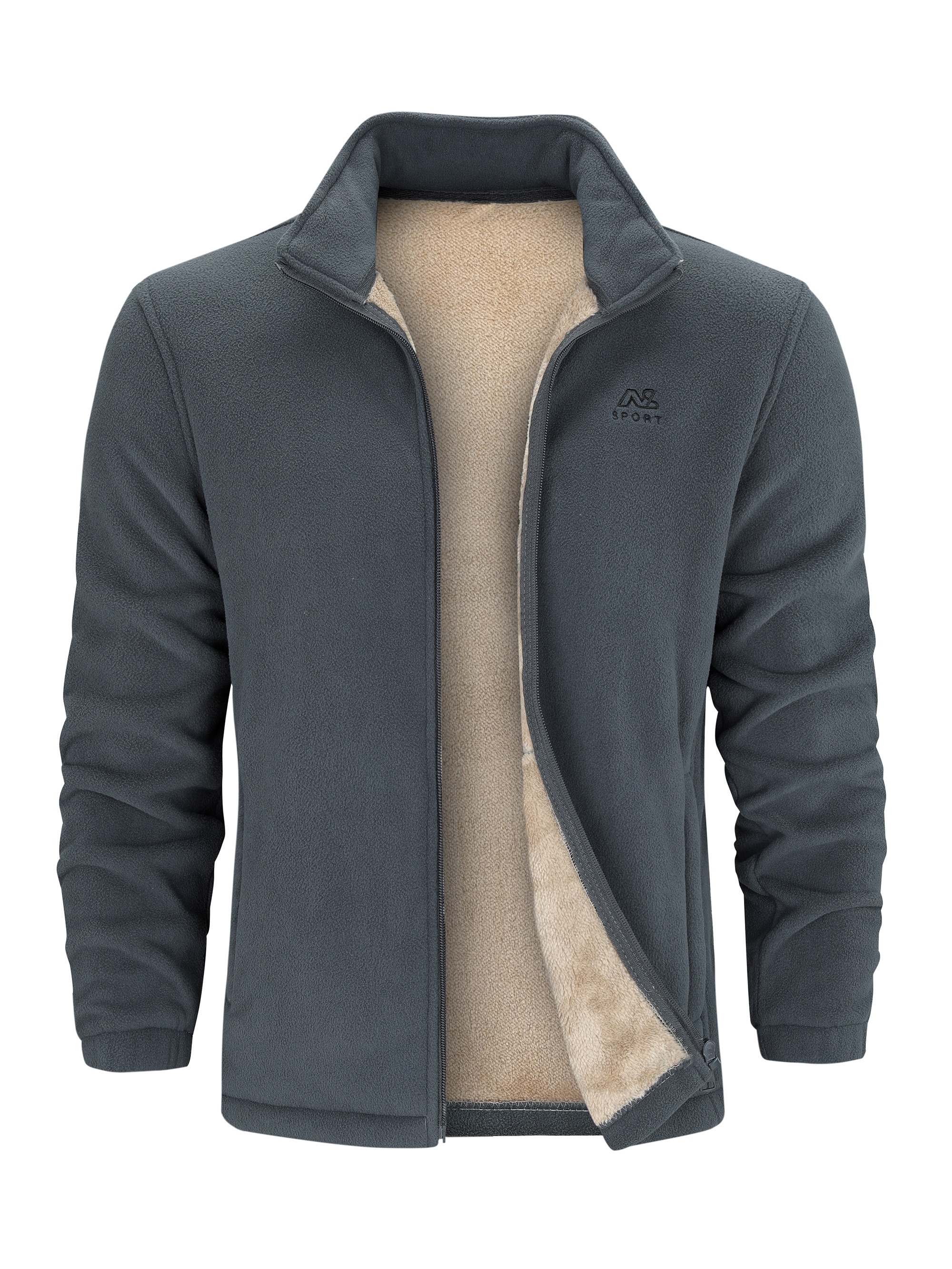 warm stand collar fleece jacket mens casual comfortable solid color zip up jacket coat for fall winter details 10