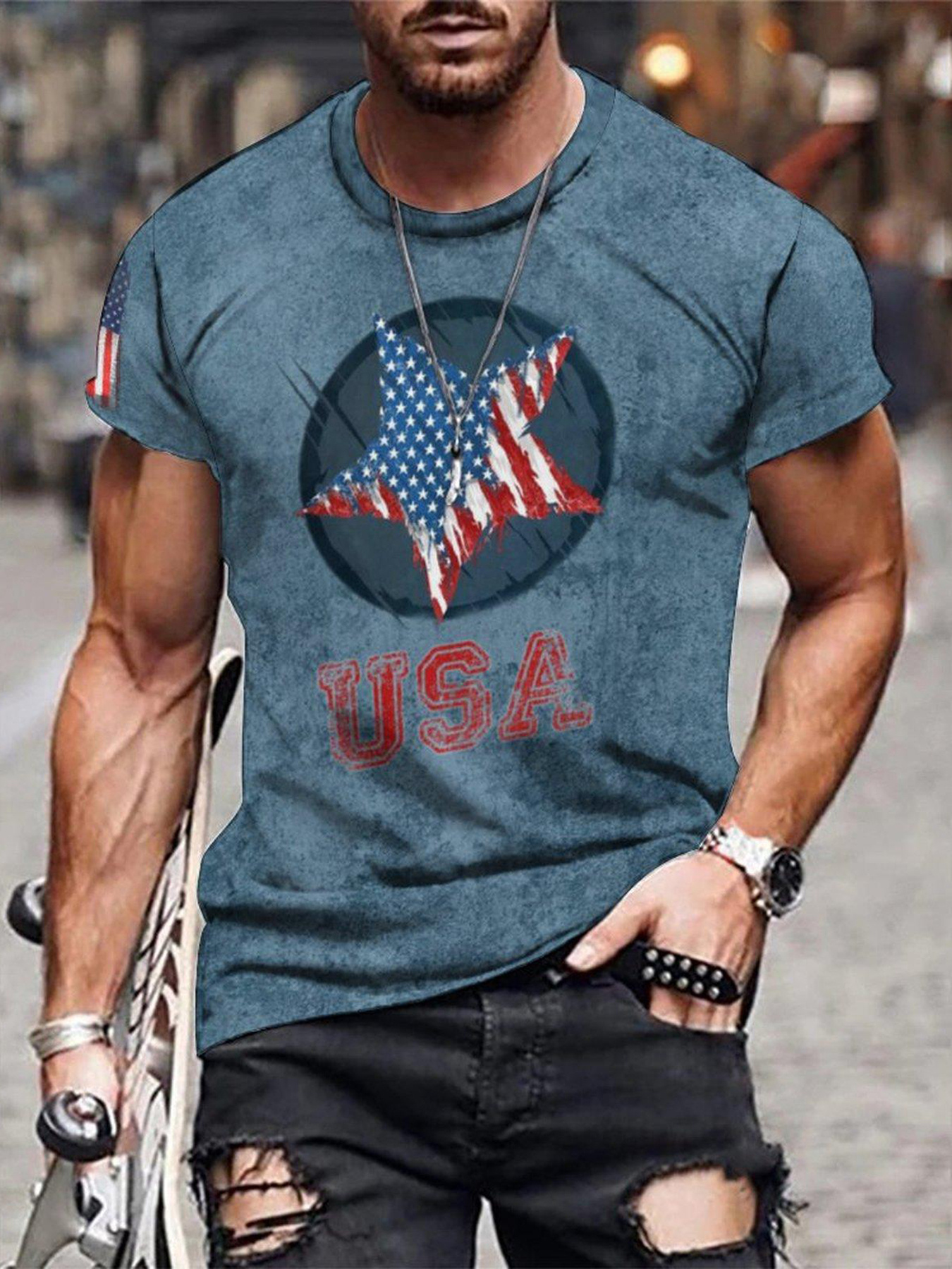 star print t shirt mens casual street style stretch round neck tee shirt for summer details 1