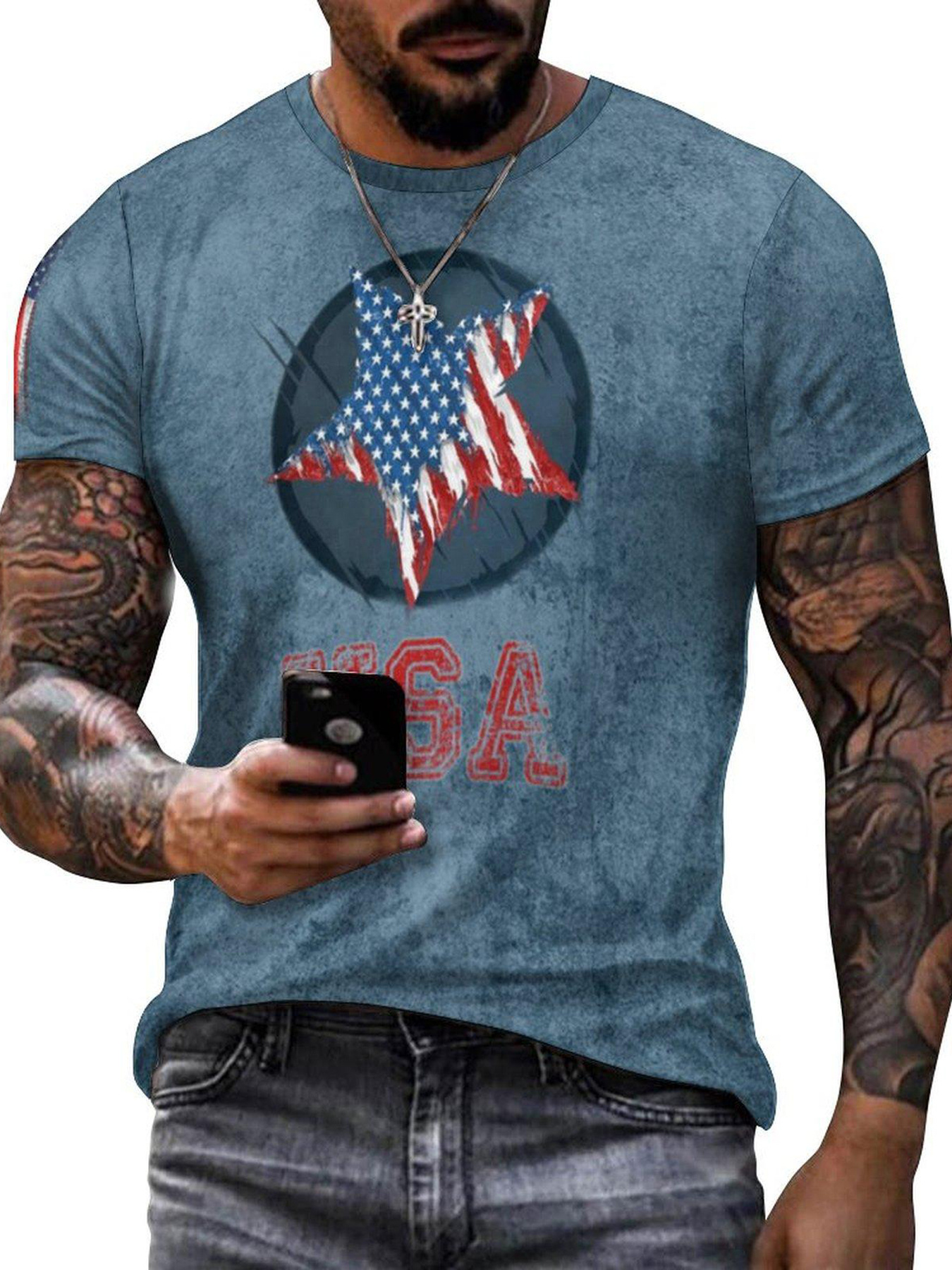 star print t shirt mens casual street style stretch round neck tee shirt for summer details 3