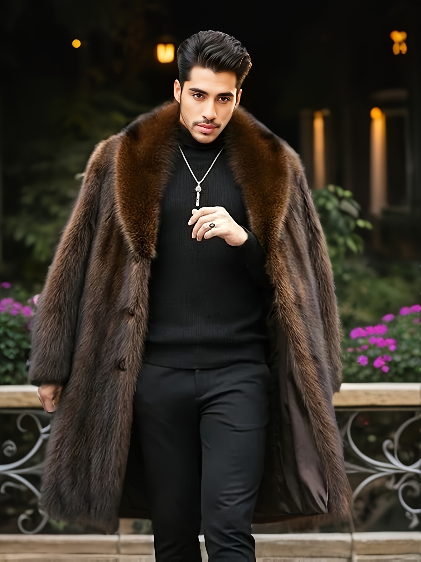 mens casual warm faux fur overcoat for fall winter details 0