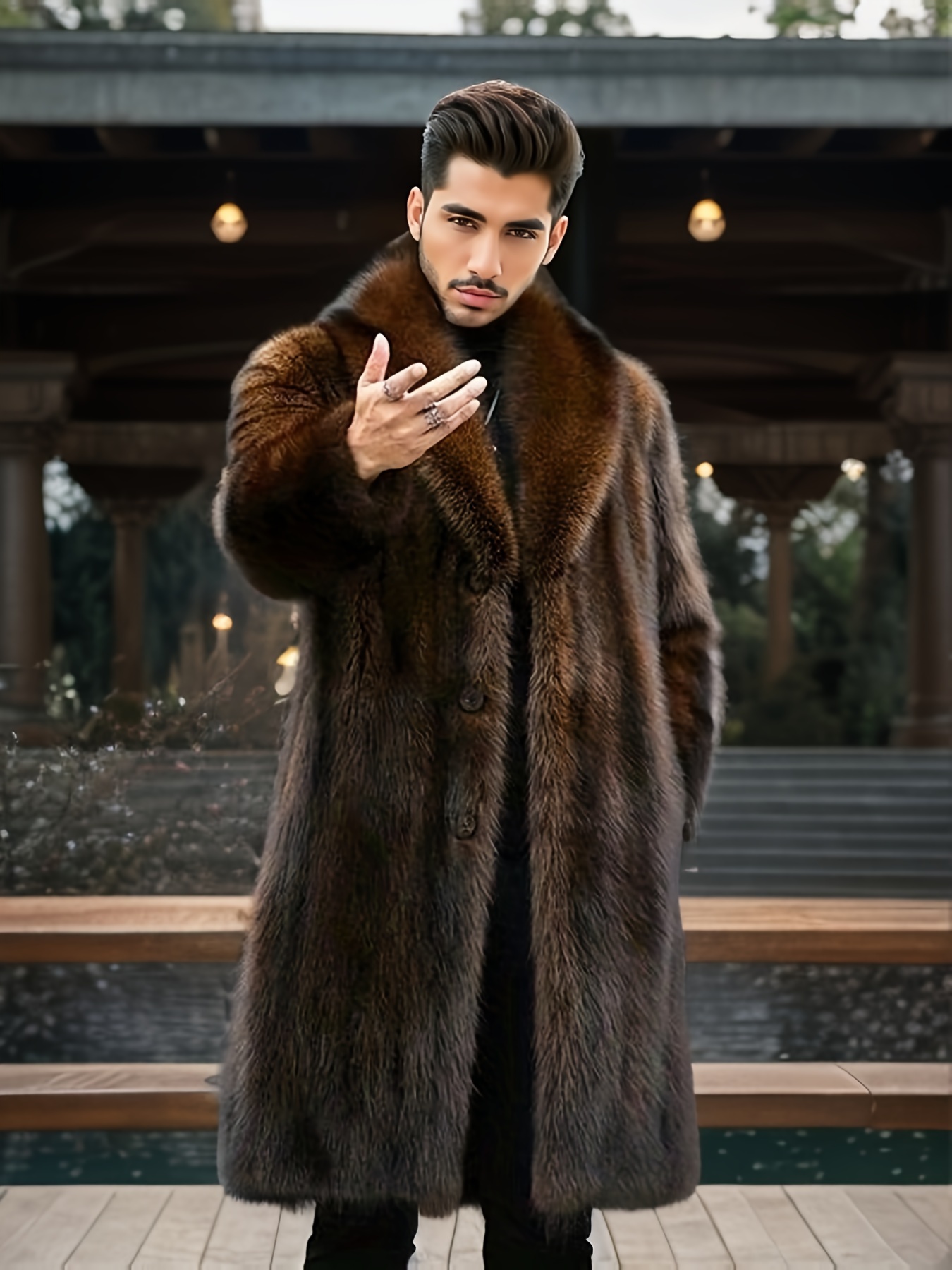mens casual warm faux fur overcoat for fall winter details 1