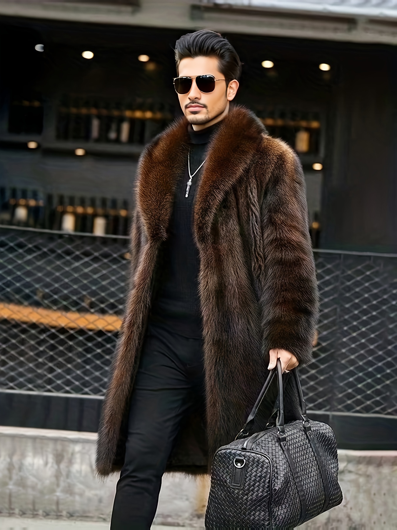 mens casual warm faux fur overcoat for fall winter details 3
