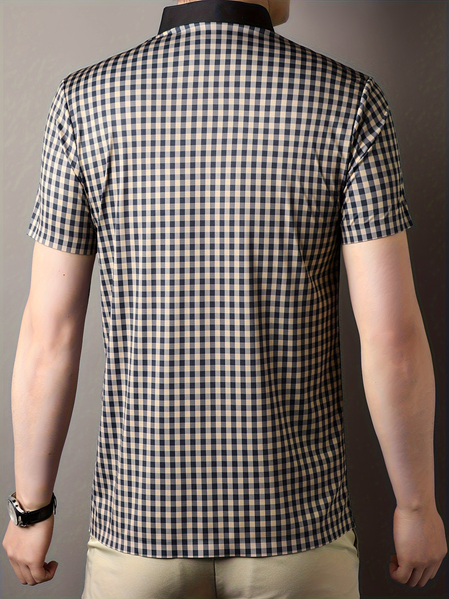retro mature checkered mens color block short sleeve lapel golf shirt for summer outdoor details 1