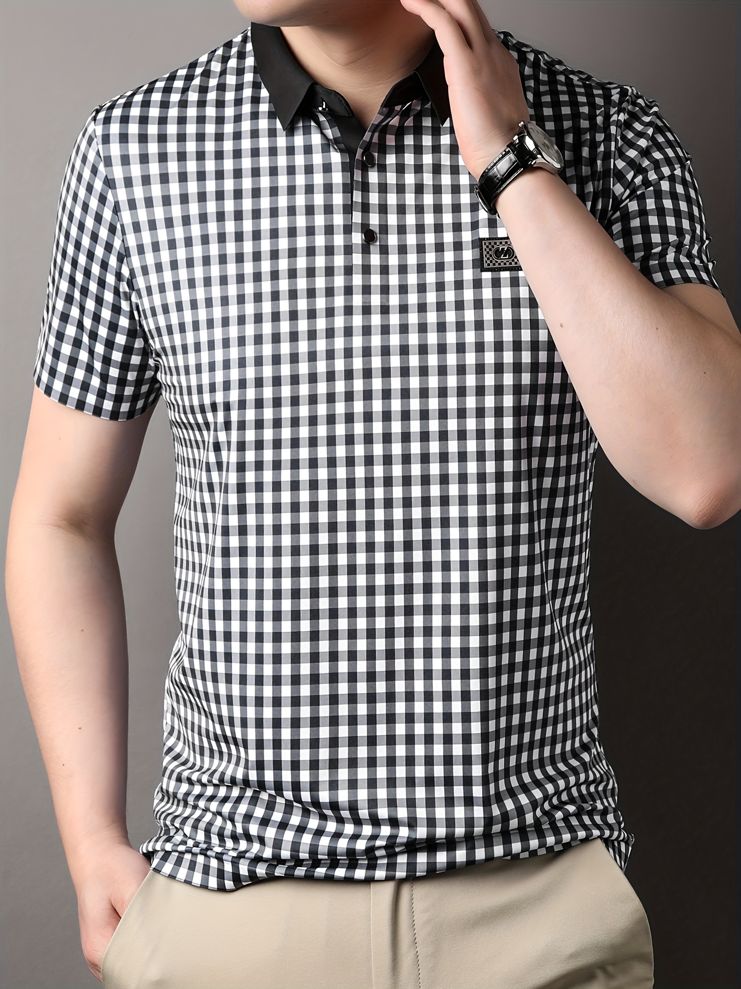 retro mature checkered mens color block short sleeve lapel golf shirt for summer outdoor details 2