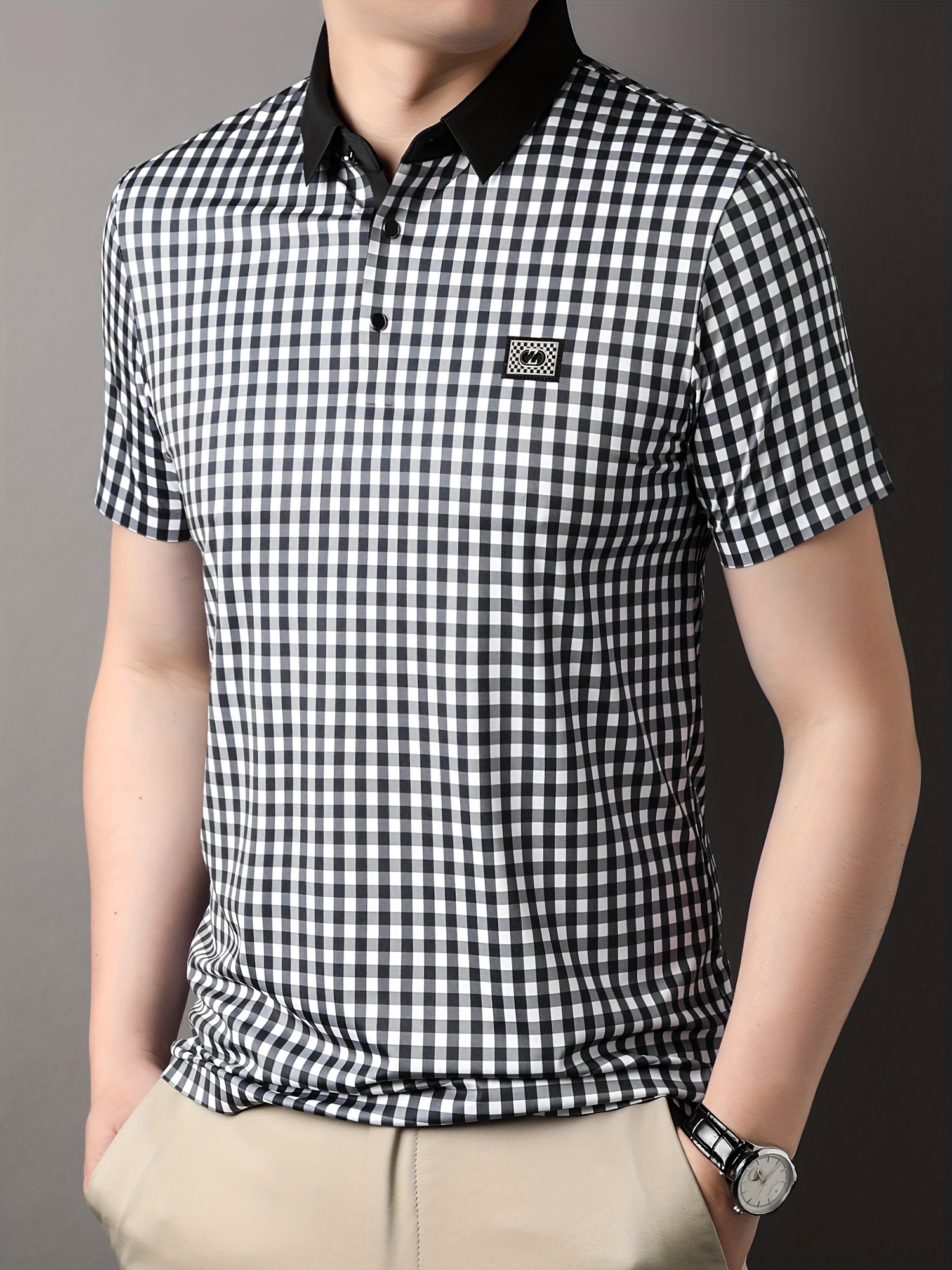 retro mature checkered mens color block short sleeve lapel golf shirt for summer outdoor details 3