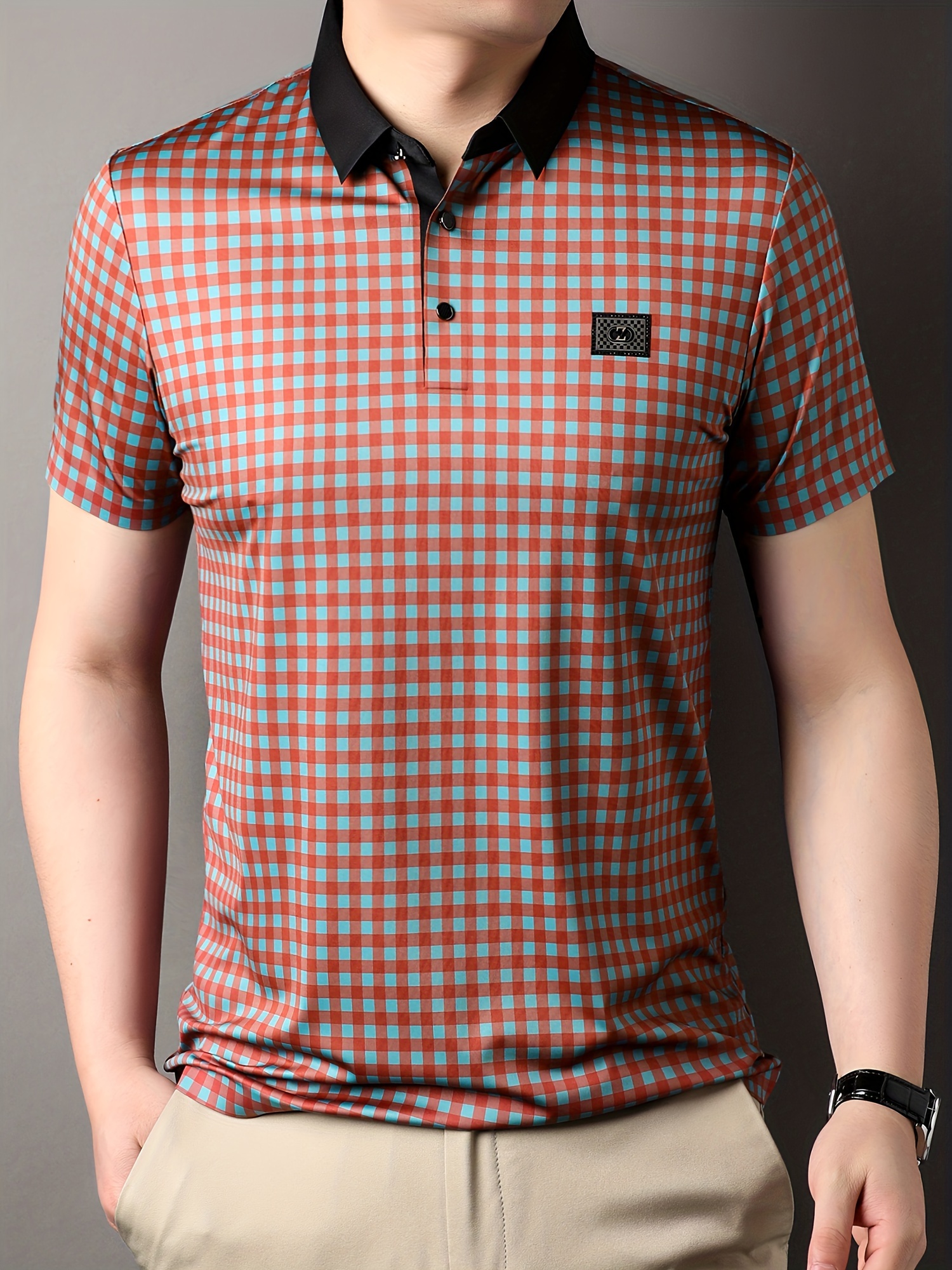 retro mature checkered mens color block short sleeve lapel golf shirt for summer outdoor details 5