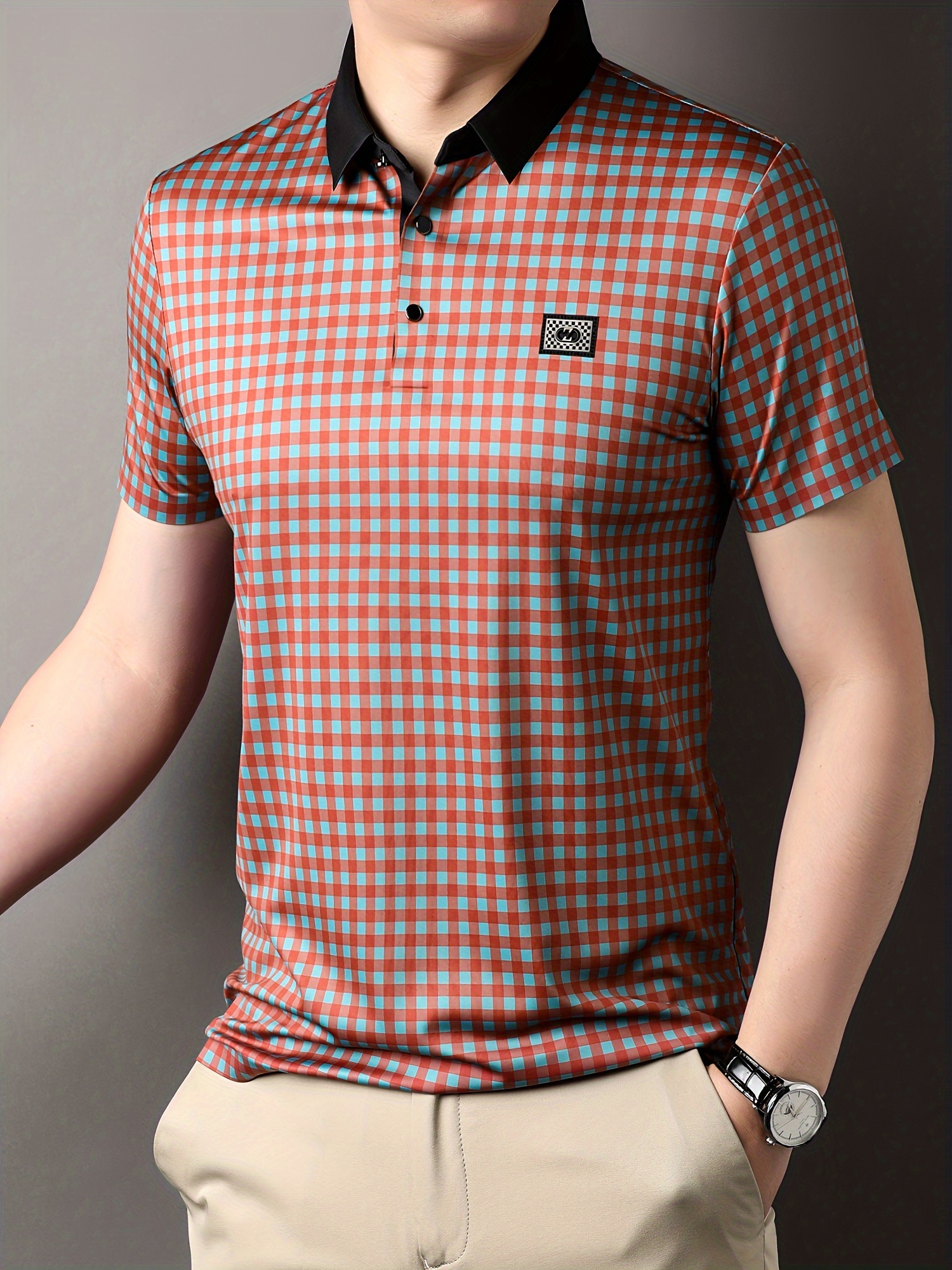 retro mature checkered mens color block short sleeve lapel golf shirt for summer outdoor details 6