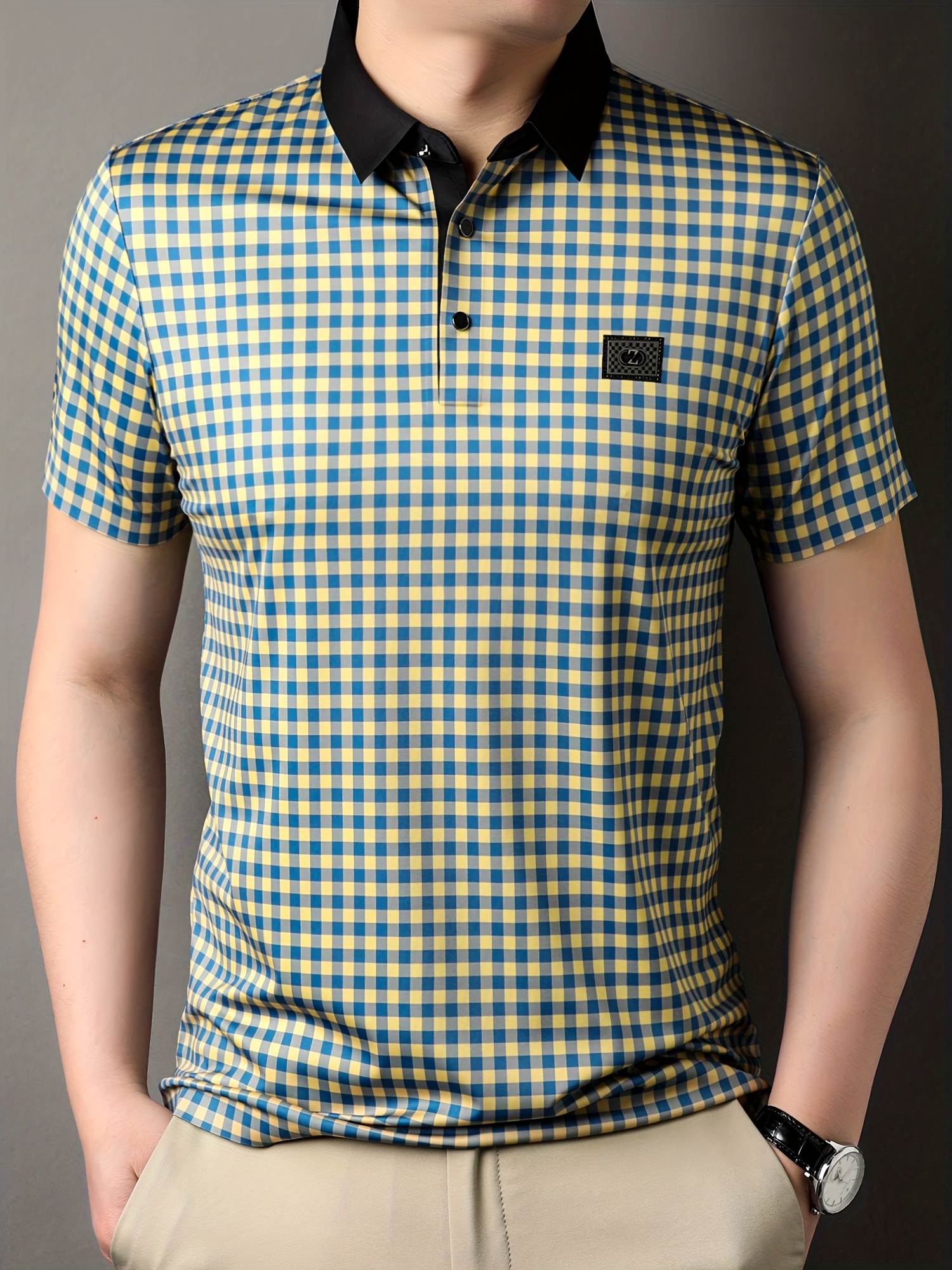 retro mature checkered mens color block short sleeve lapel golf shirt for summer outdoor details 8