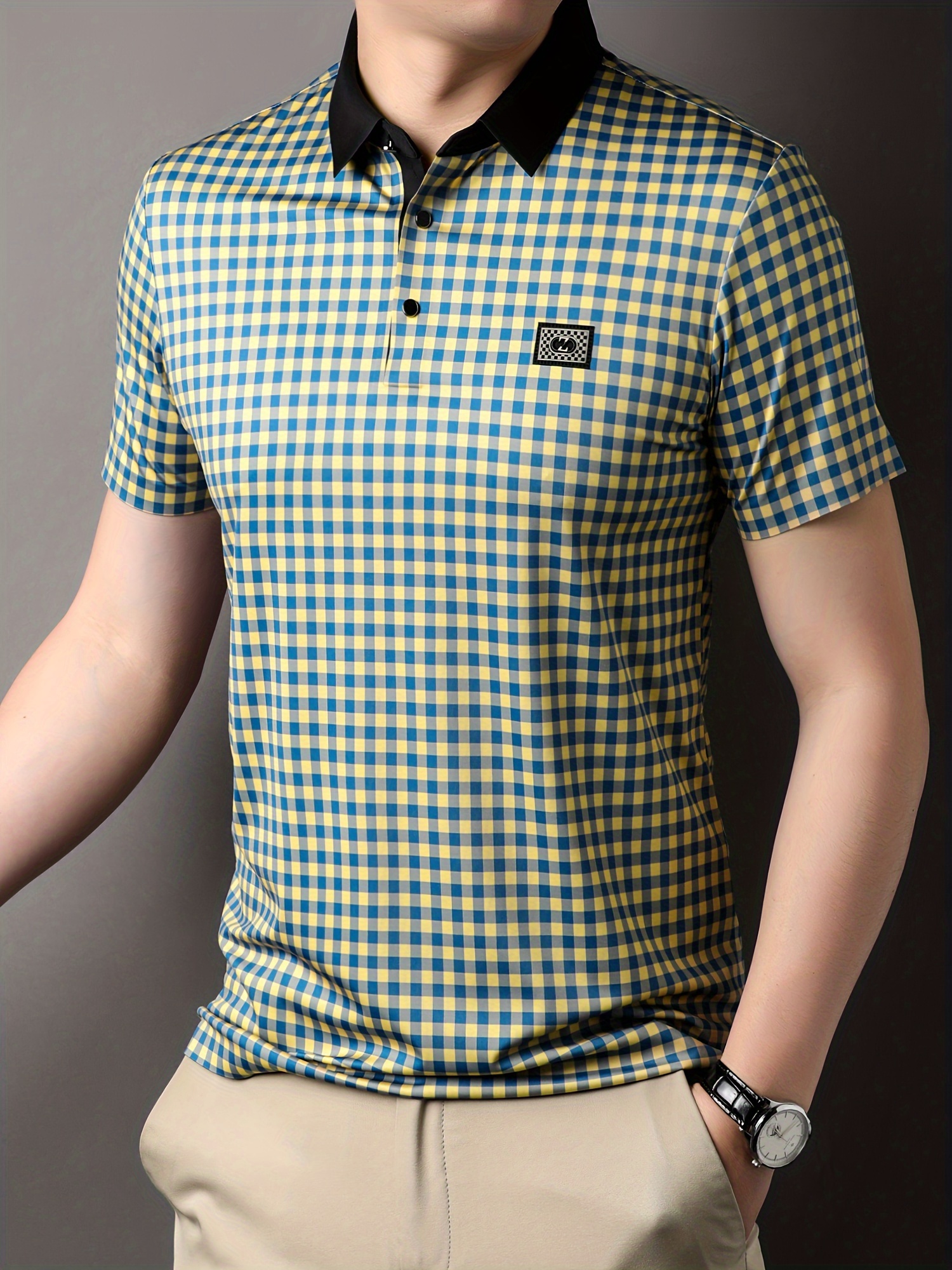 retro mature checkered mens color block short sleeve lapel golf shirt for summer outdoor details 9