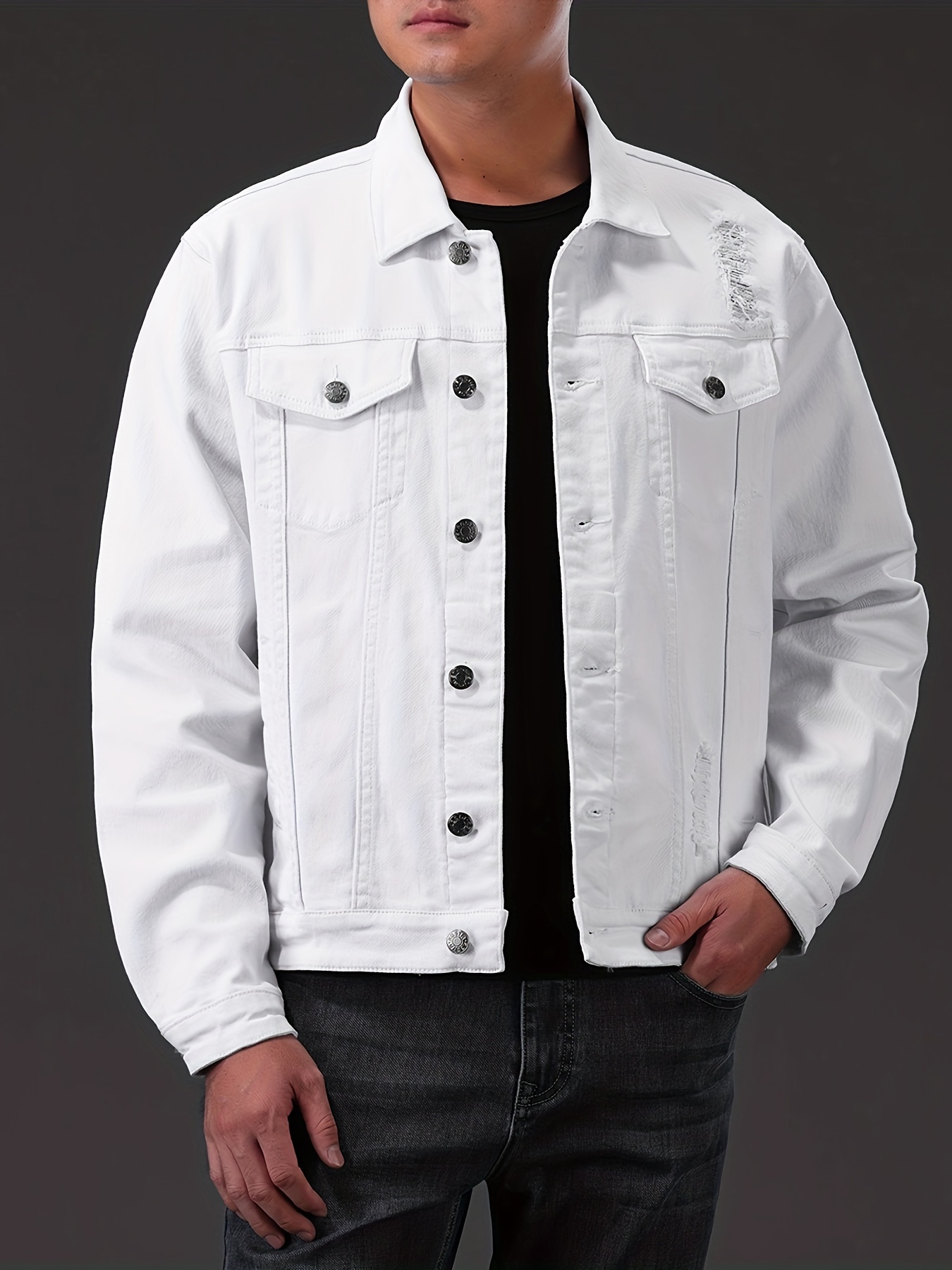 mens casual denim jacket street style button up flap pocket jacket details 0