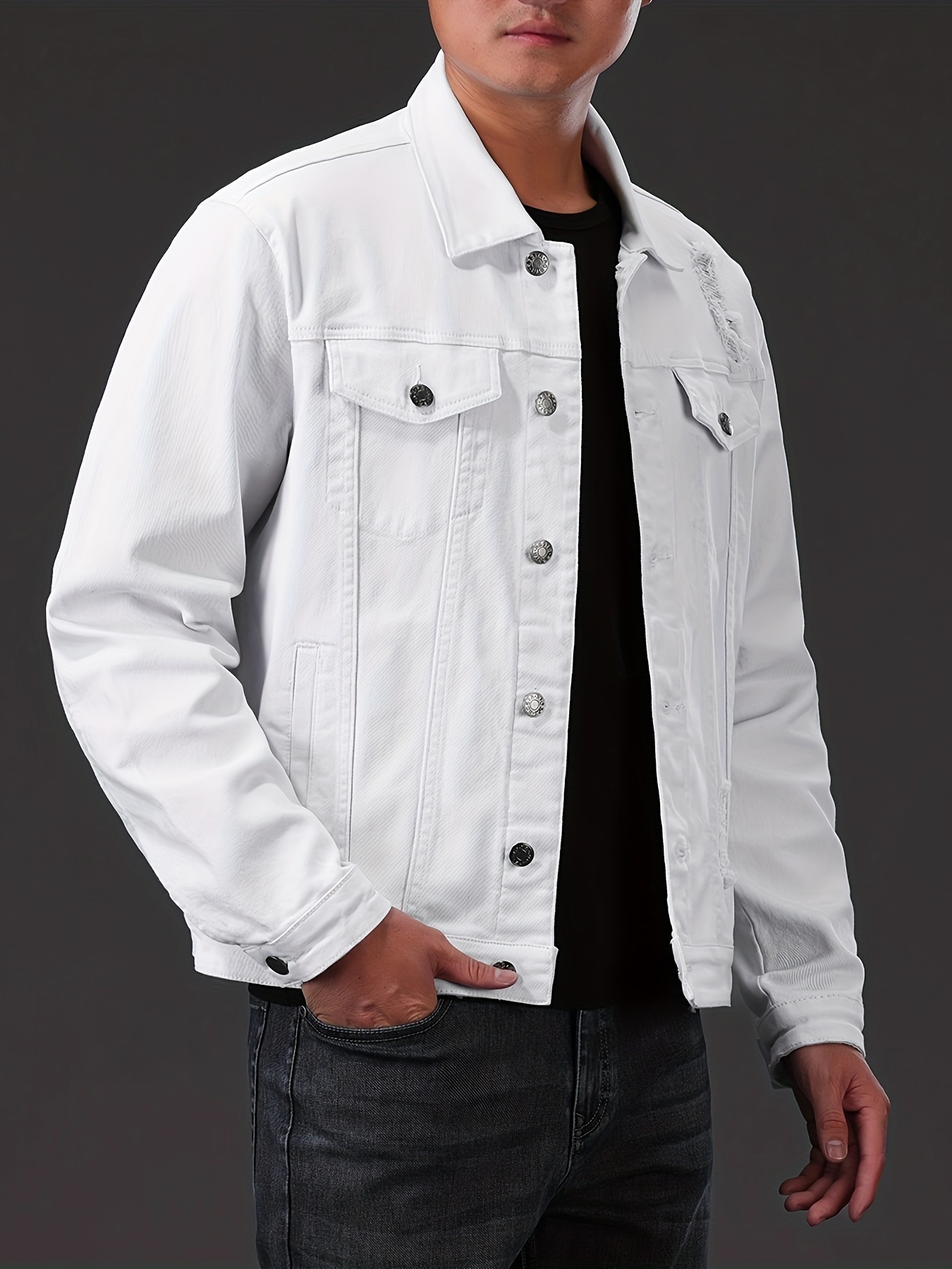 mens casual denim jacket street style button up flap pocket jacket details 1