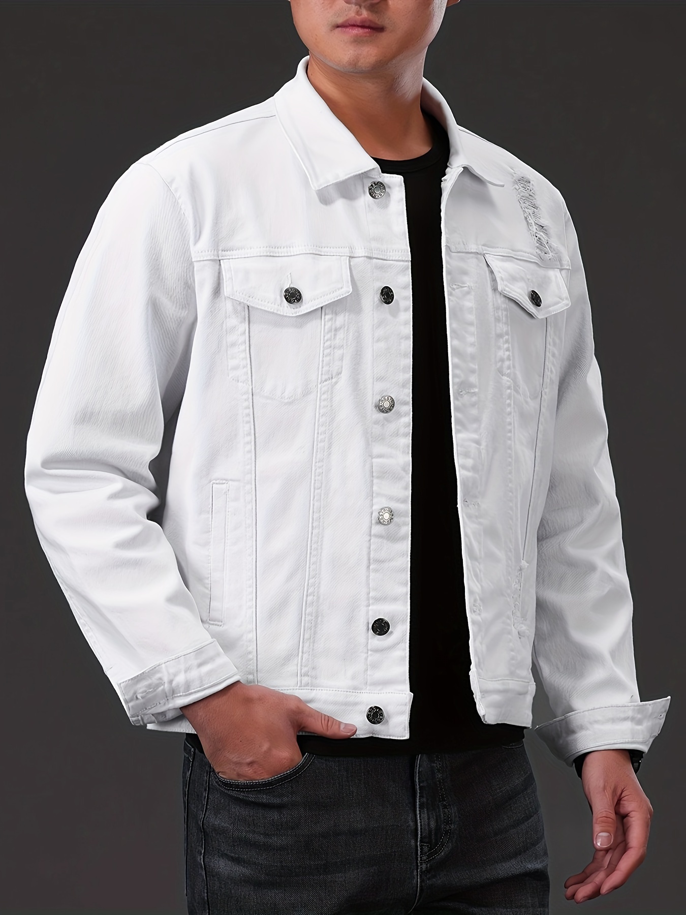 mens casual denim jacket street style button up flap pocket jacket details 2