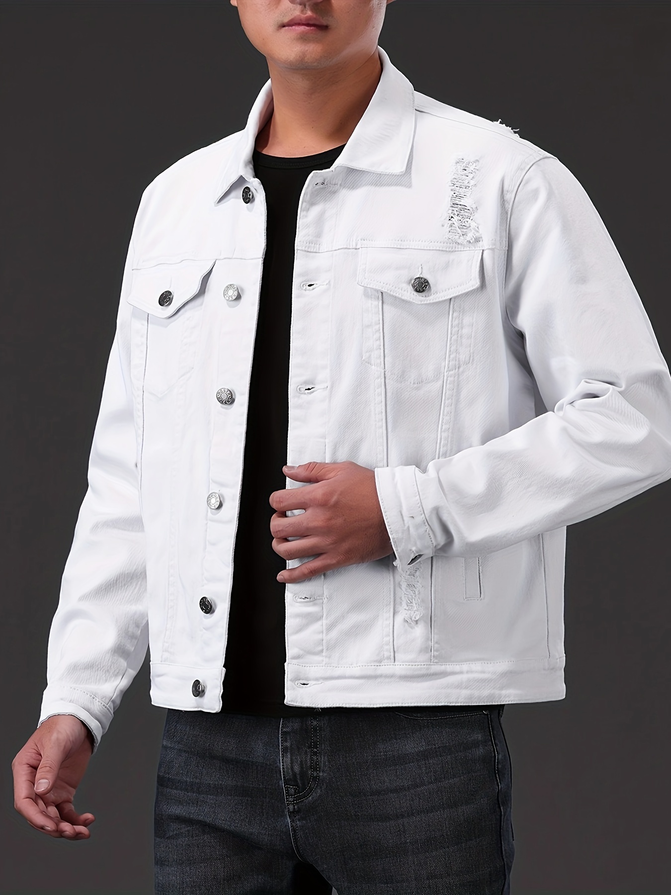 mens casual denim jacket street style button up flap pocket jacket details 5