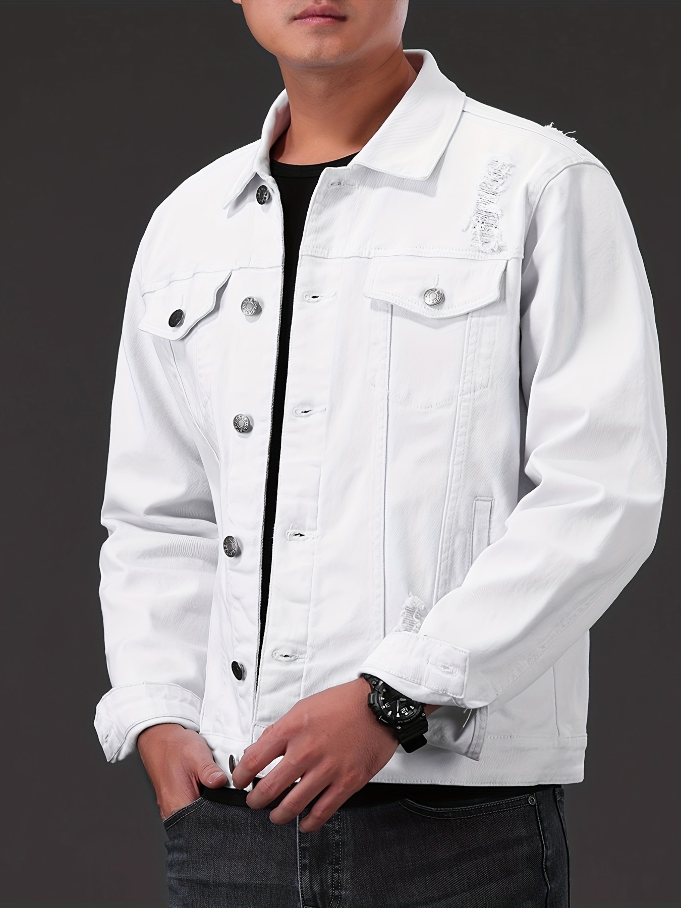 mens casual denim jacket street style button up flap pocket jacket details 6