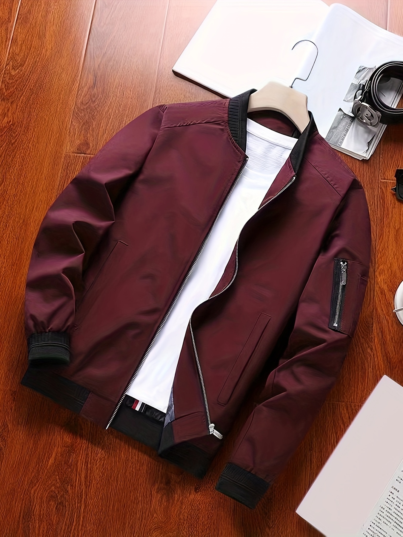 classic design jacket mens casual stand collar solid collar zip up jacket for spring fall details 2