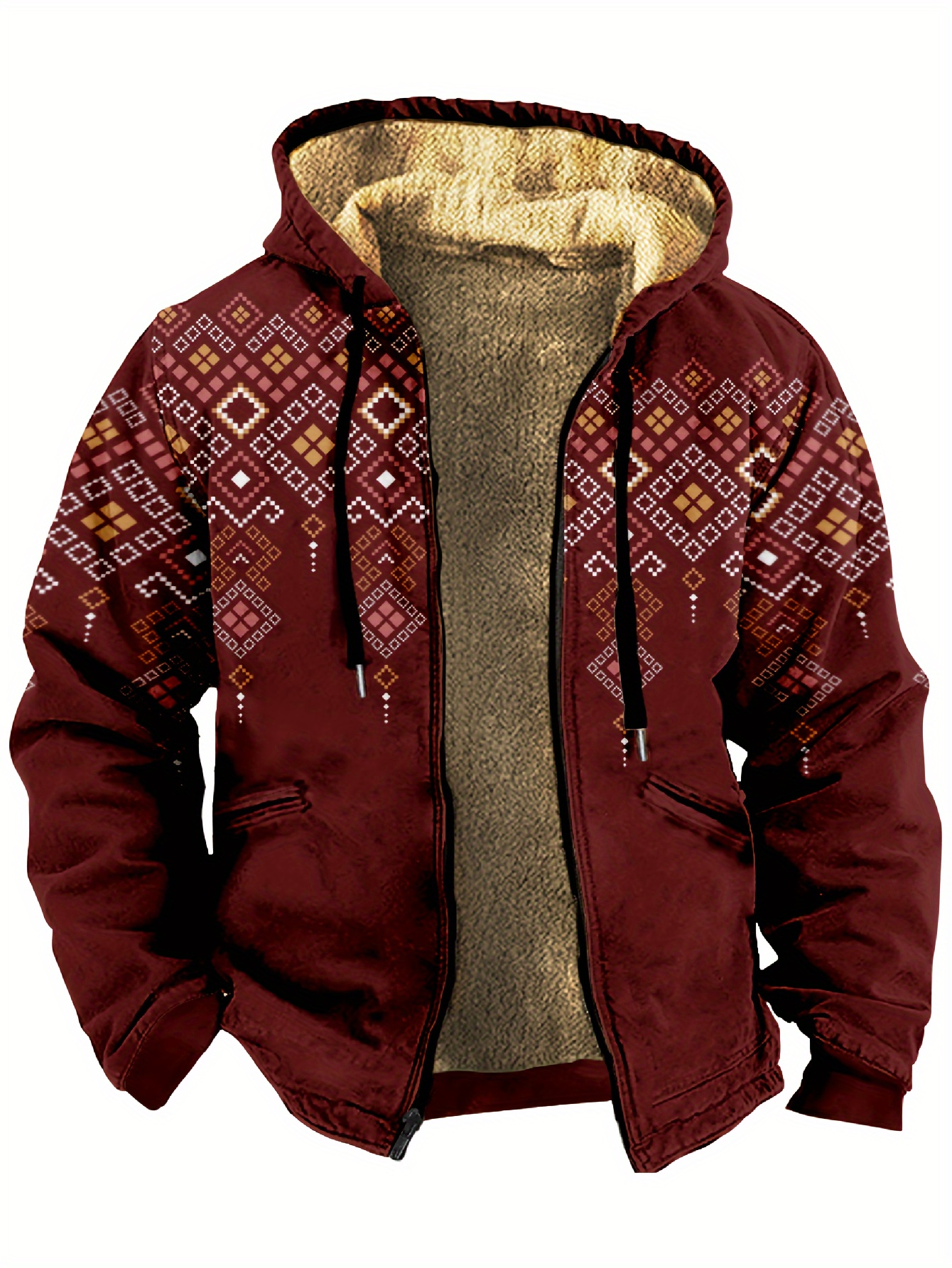 mens retro plaid warm fleece zip up hoodie for fall winter details 0