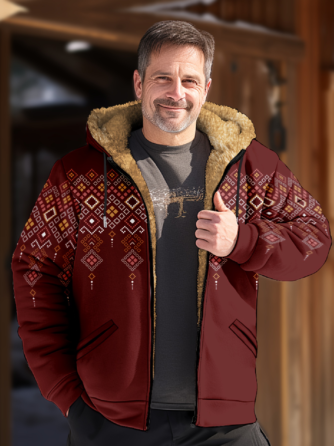 mens retro plaid warm fleece zip up hoodie for fall winter details 1