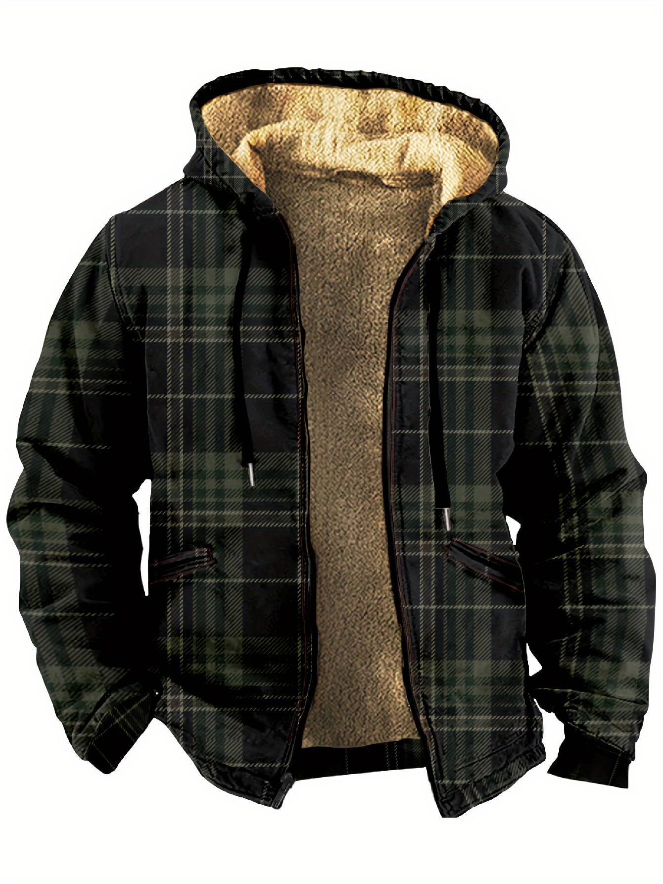 mens retro plaid warm fleece zip up hoodie for fall winter details 5