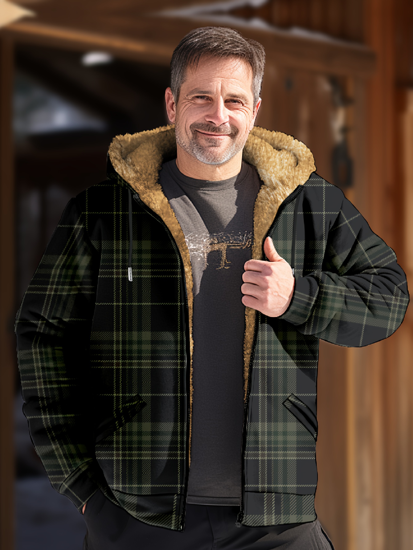 mens retro plaid warm fleece zip up hoodie for fall winter details 6