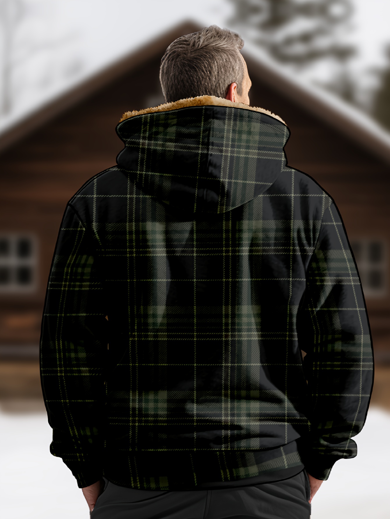 mens retro plaid warm fleece zip up hoodie for fall winter details 9