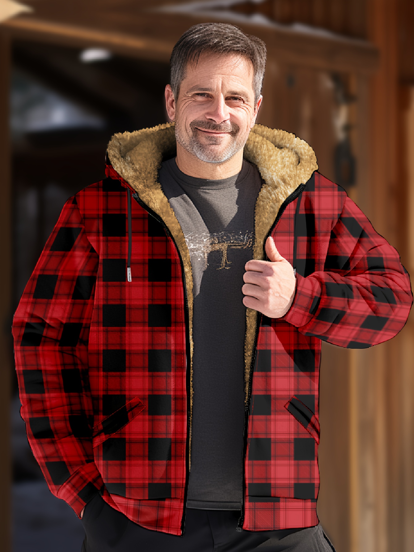mens retro plaid warm fleece zip up hoodie for fall winter details 10