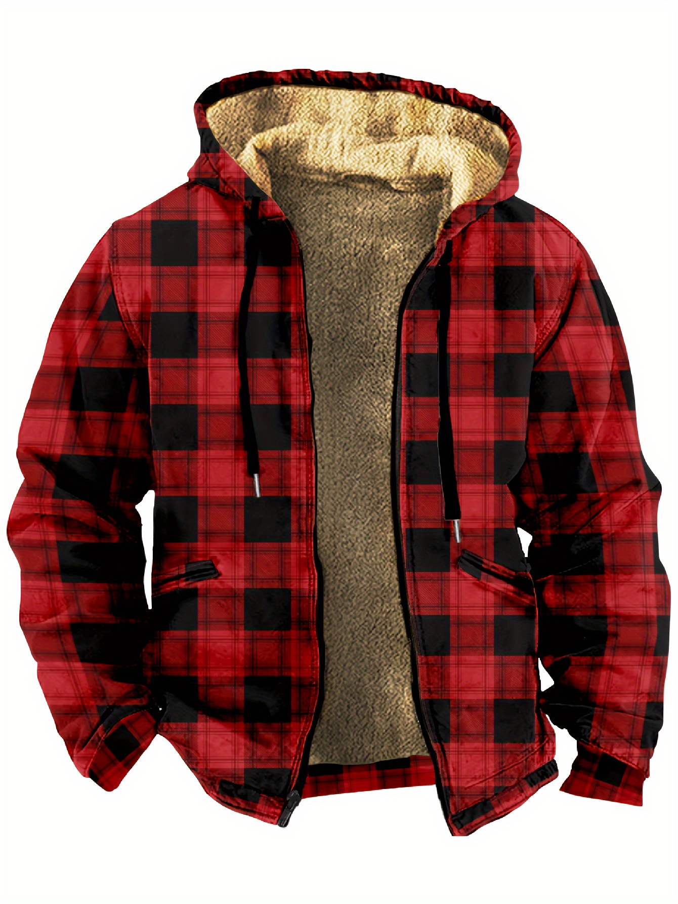 mens retro plaid warm fleece zip up hoodie for fall winter details 11