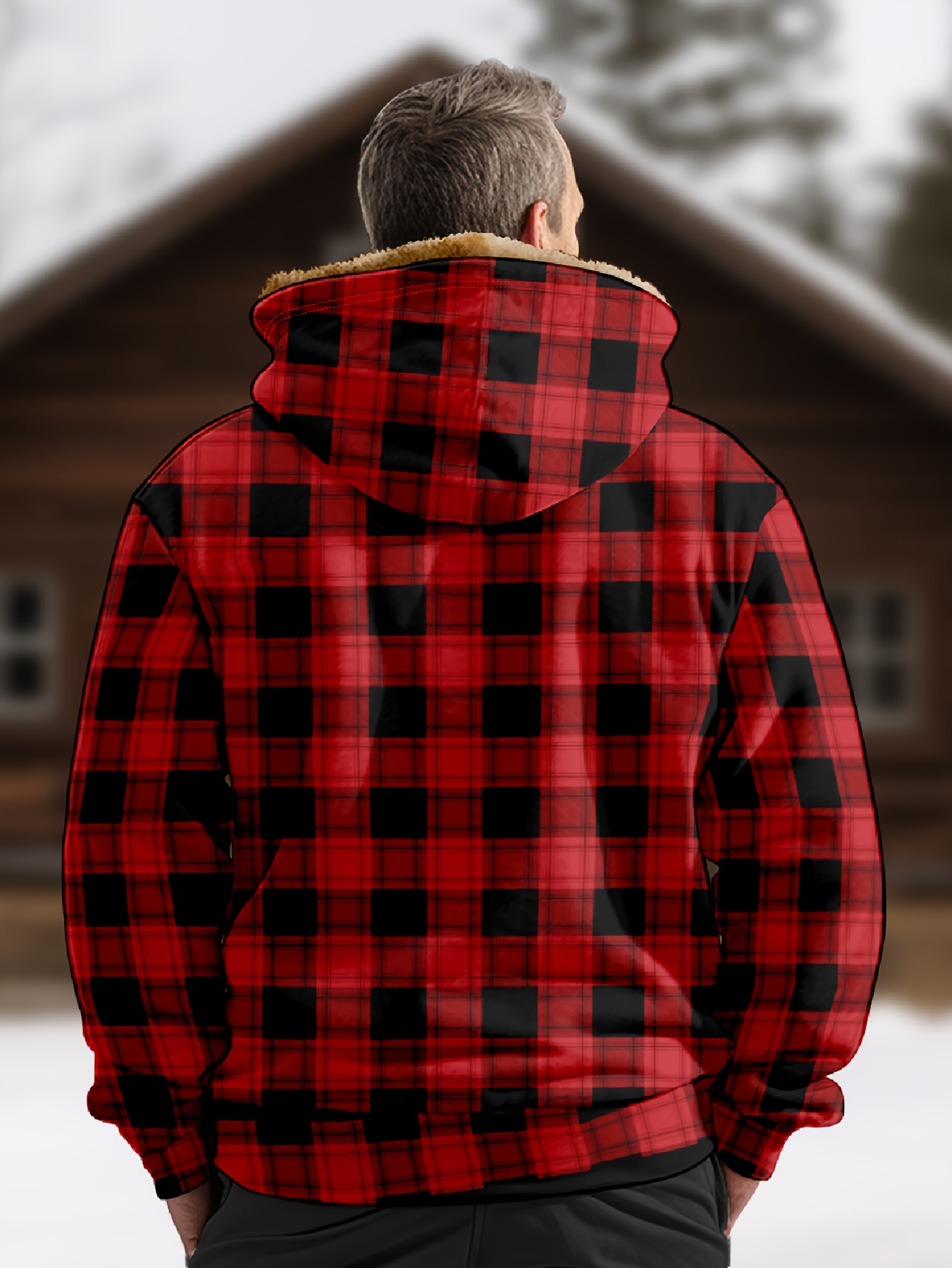 mens retro plaid warm fleece zip up hoodie for fall winter details 14