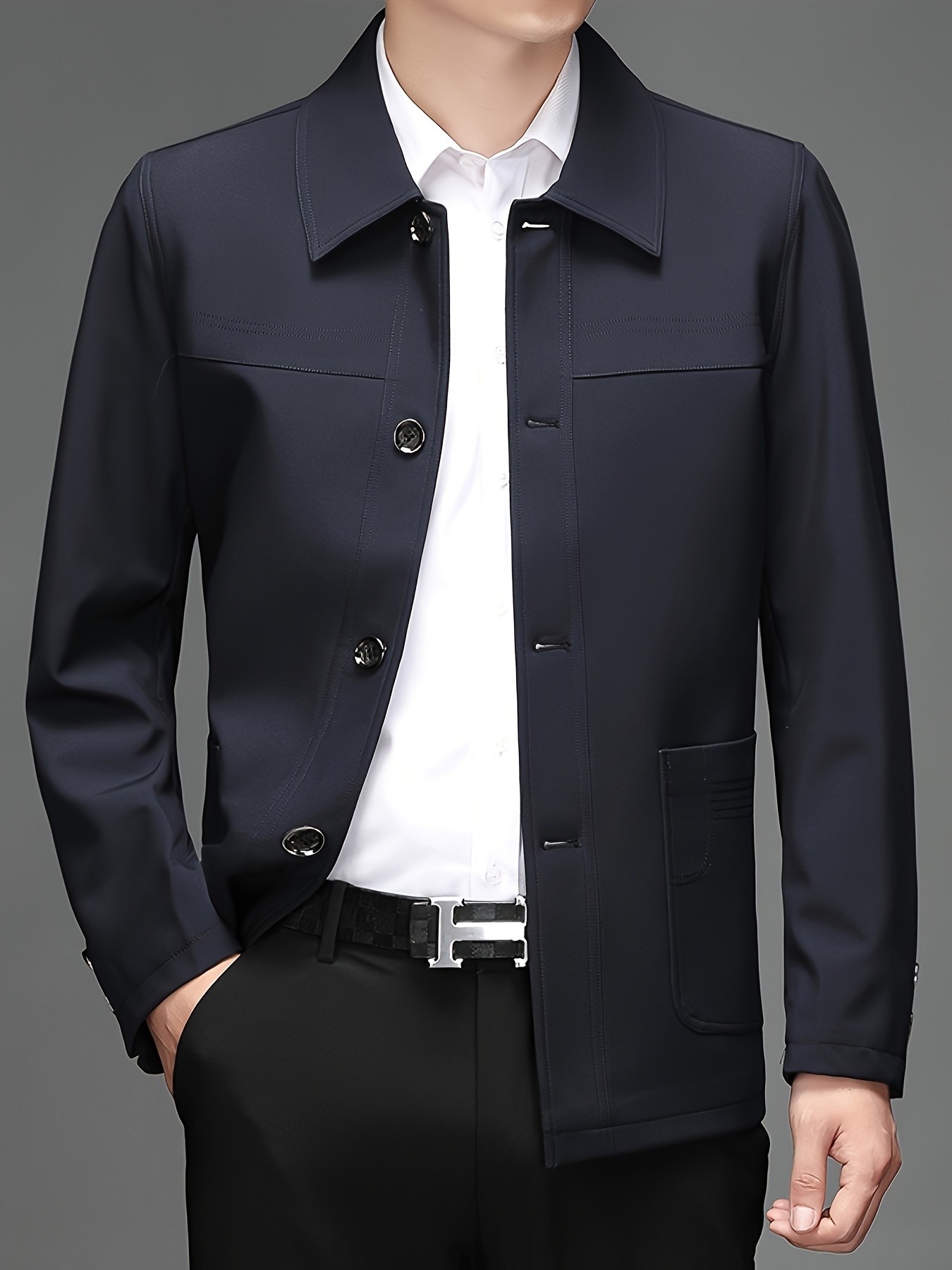 mens solid jacket with pockets casual button up lapel long sleeve jacket for outdoor details 3