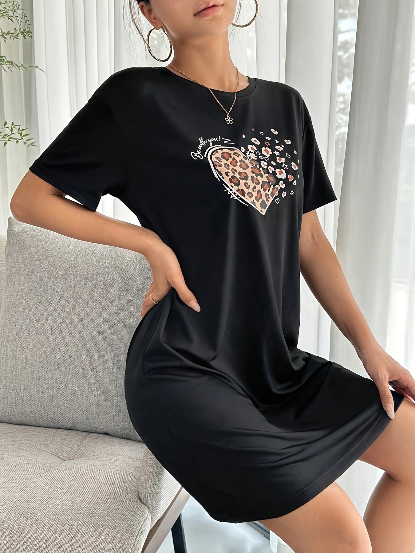 leopard heart print crew neck dress casual short sleeve loose fit shift dress for spring summer womens clothing details 2