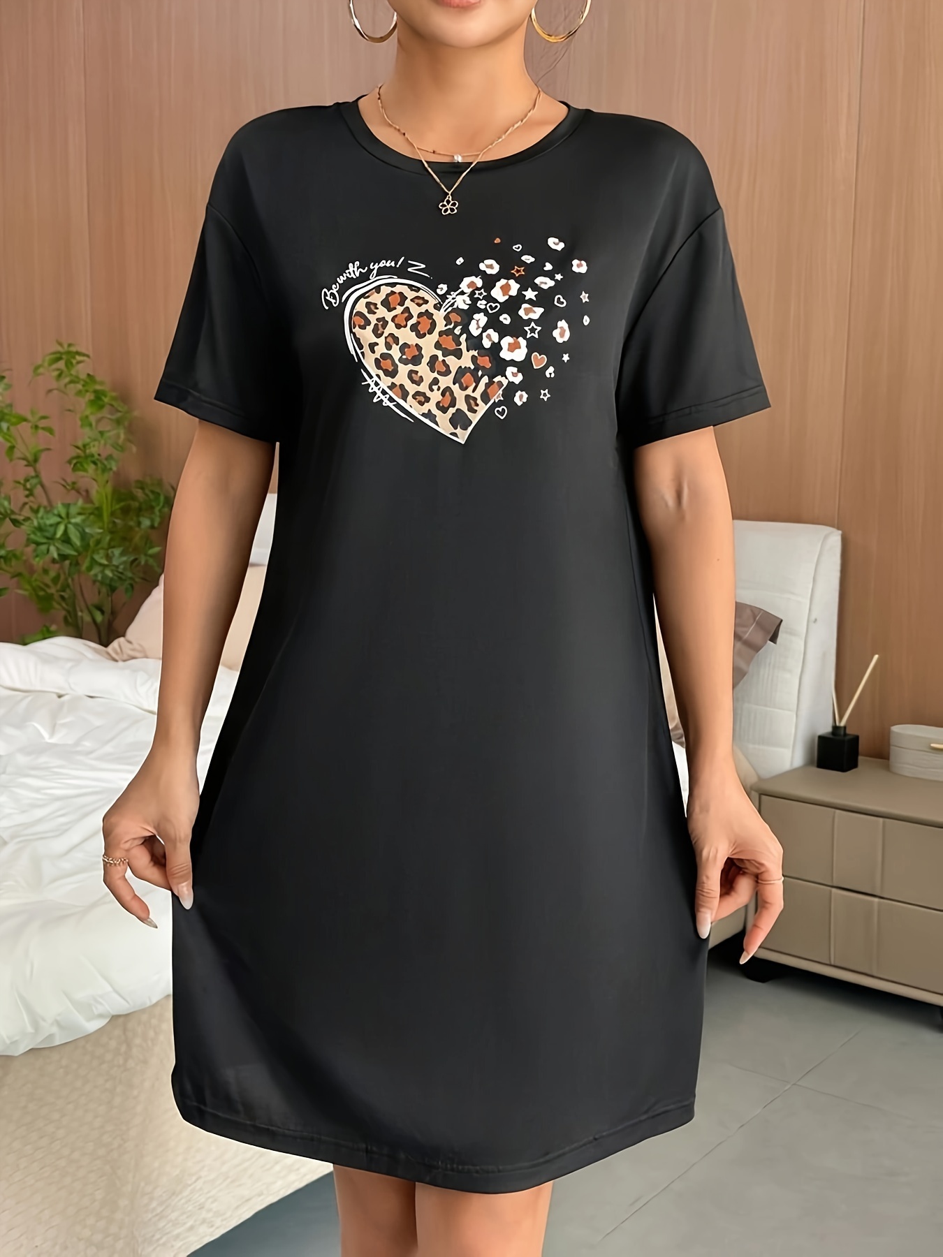 leopard heart print crew neck dress casual short sleeve loose fit shift dress for spring summer womens clothing details 3