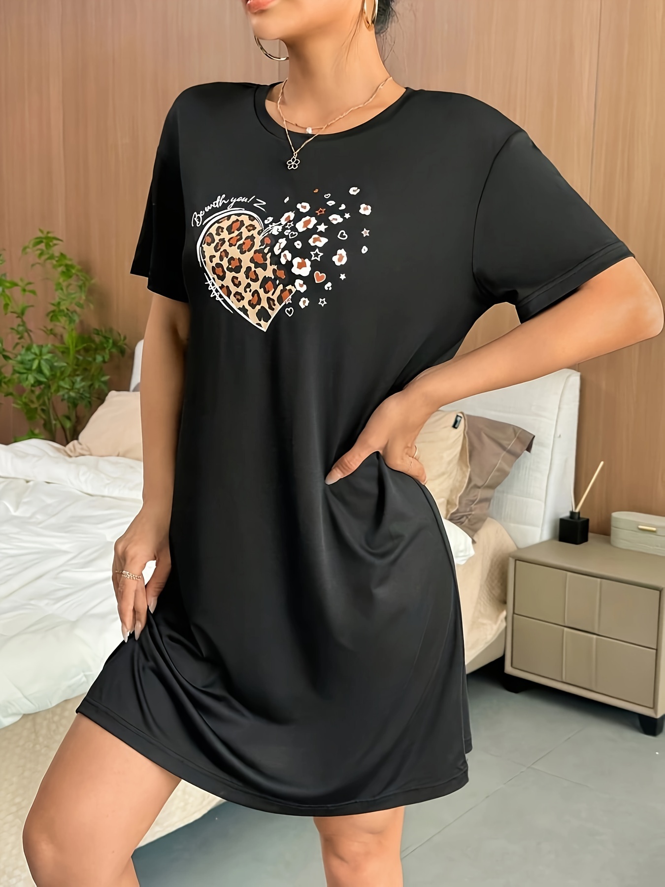 leopard heart print crew neck dress casual short sleeve loose fit shift dress for spring summer womens clothing details 4