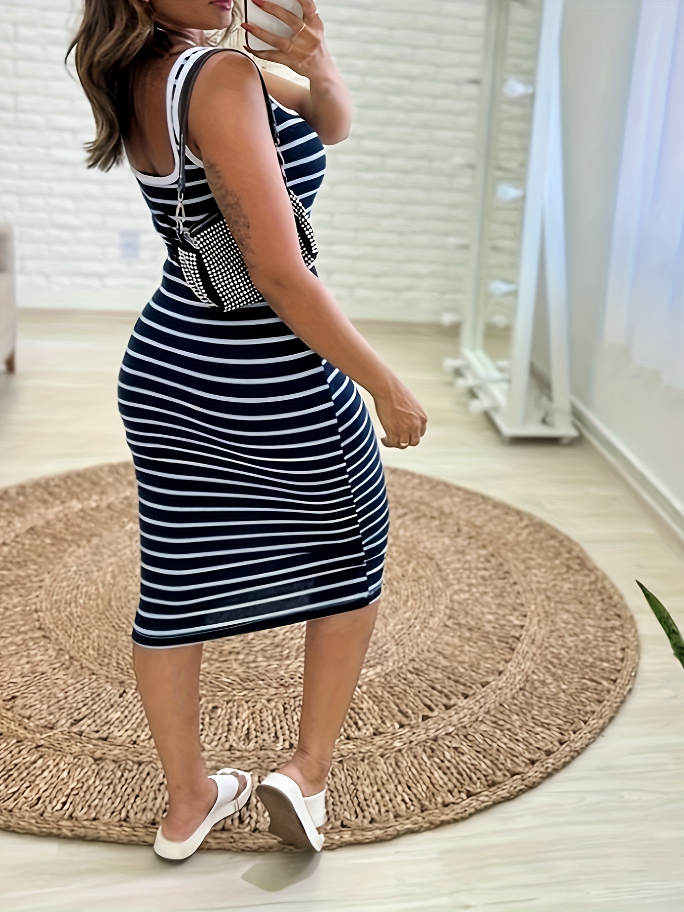 striped scoop neck dress casual sleeveless midi bodycon dress for spring summer womens clothing details 2