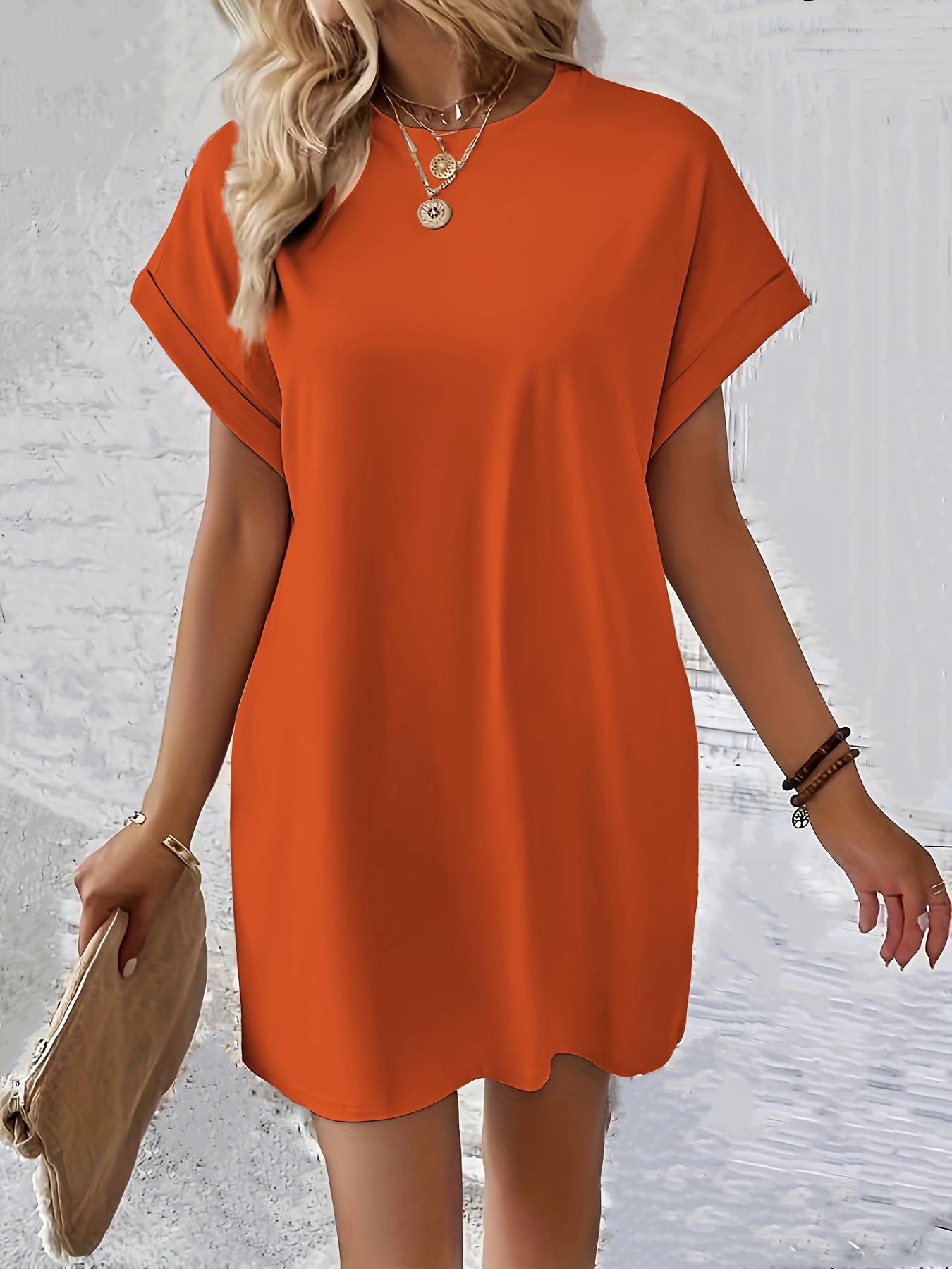 solid color crew neck dress casual short sleeve loose fit dress for spring summer womens clothing details 2