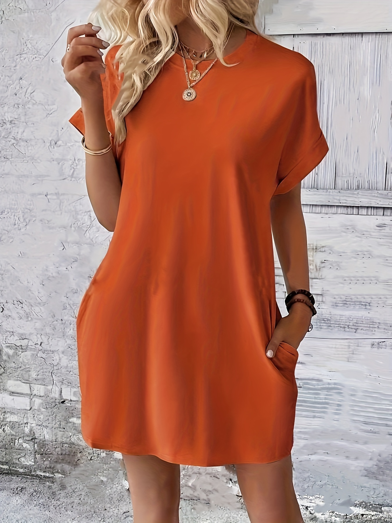solid color crew neck dress casual short sleeve loose fit dress for spring summer womens clothing details 3