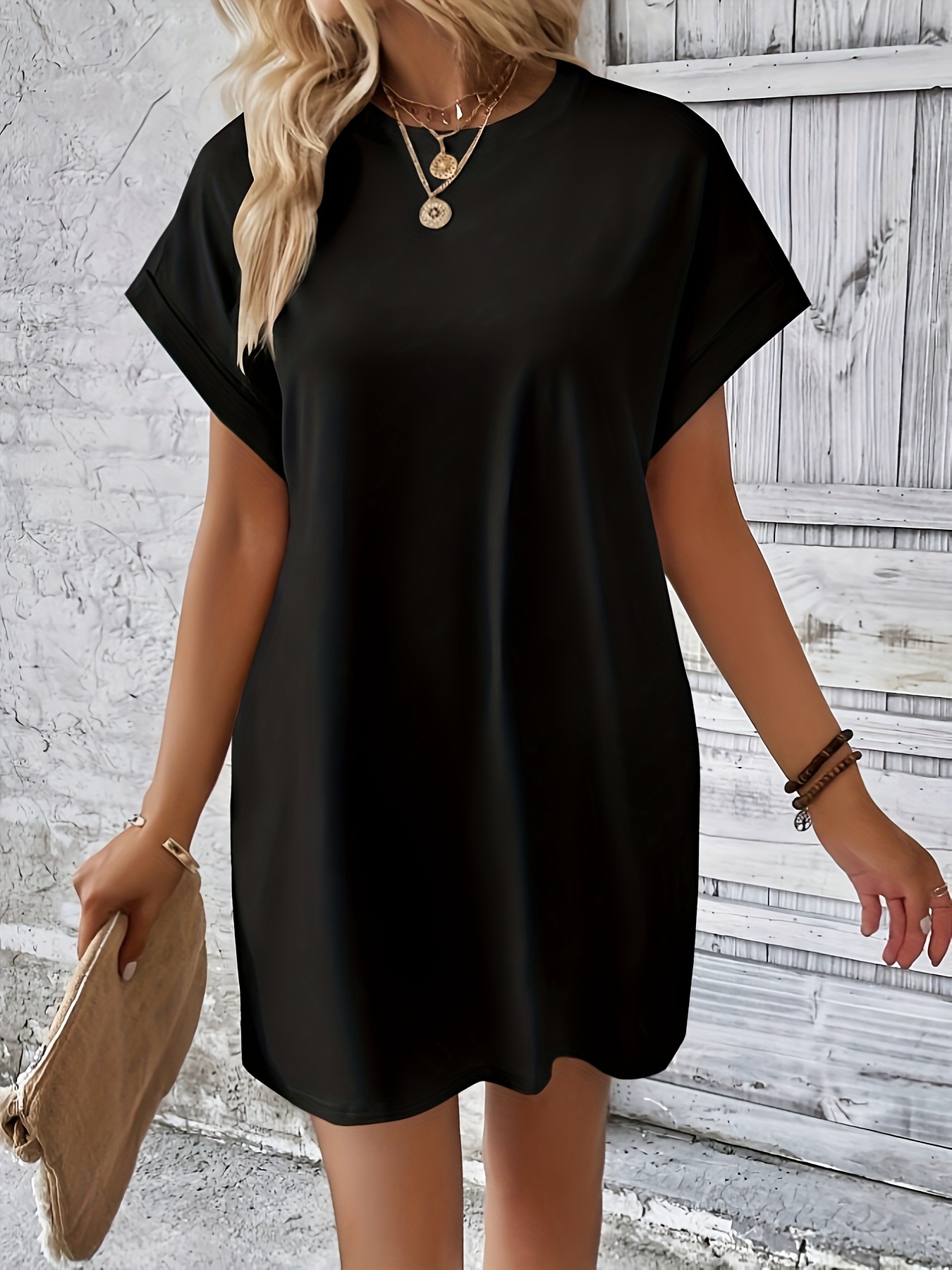 solid color crew neck dress casual short sleeve loose fit dress for spring summer womens clothing details 7