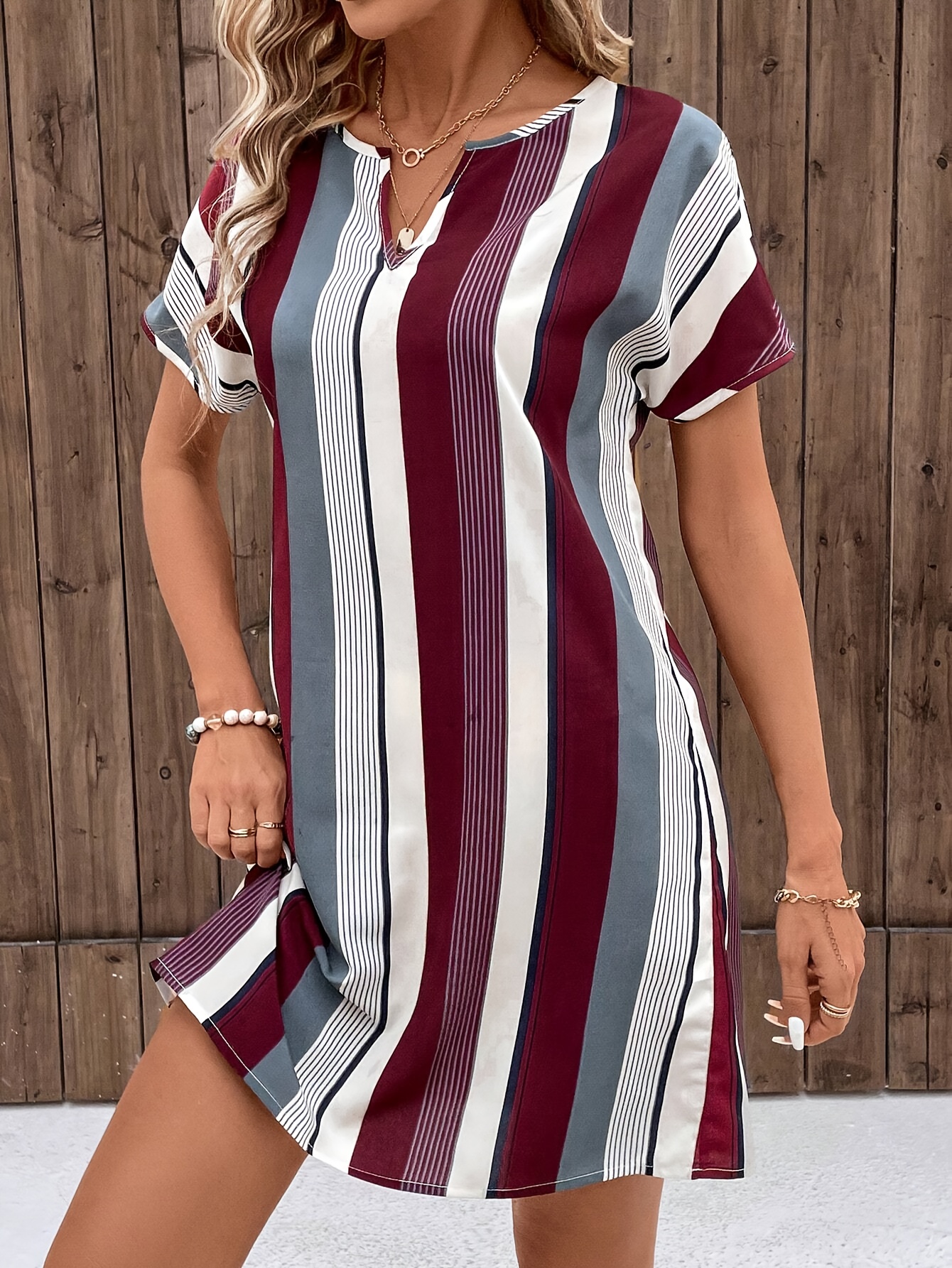 striped print notched neck dress casual short sleeve dress for spring summer womens clothing details 1