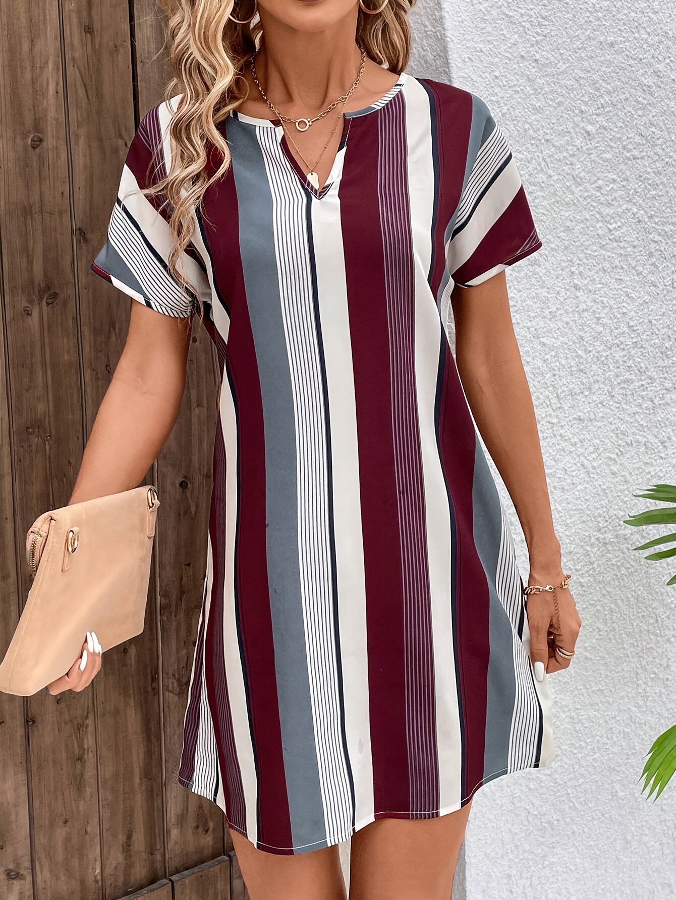 striped print notched neck dress casual short sleeve dress for spring summer womens clothing details 2